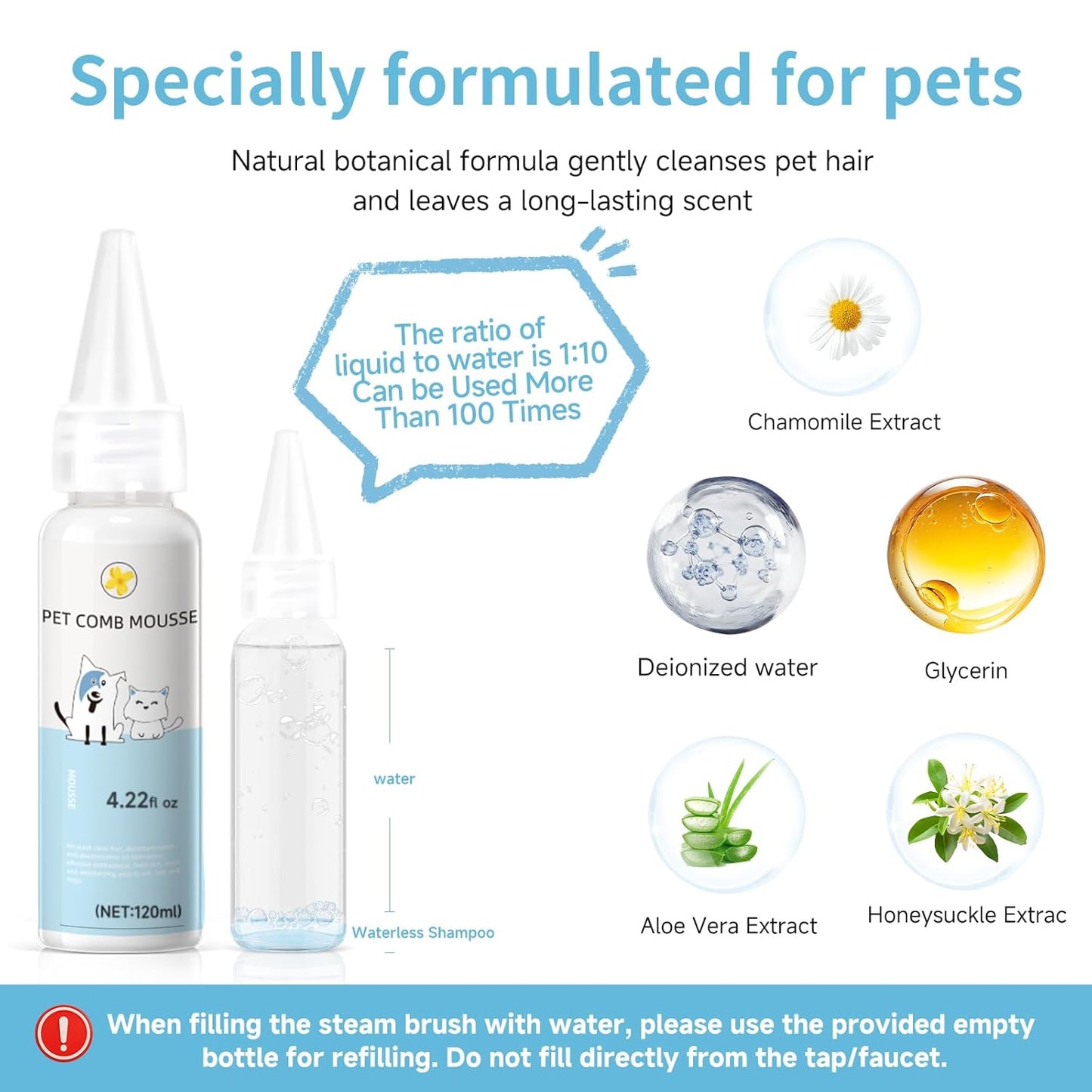 Pet Steam Brush for Dog & Cat - 3-in-1 Steam Grooming Brush for Shedding & Hair Removal - Self Cleaning Spray Comb with Mist for Long Haired Pets - Includes 2*Waterless Shampoo, Blue