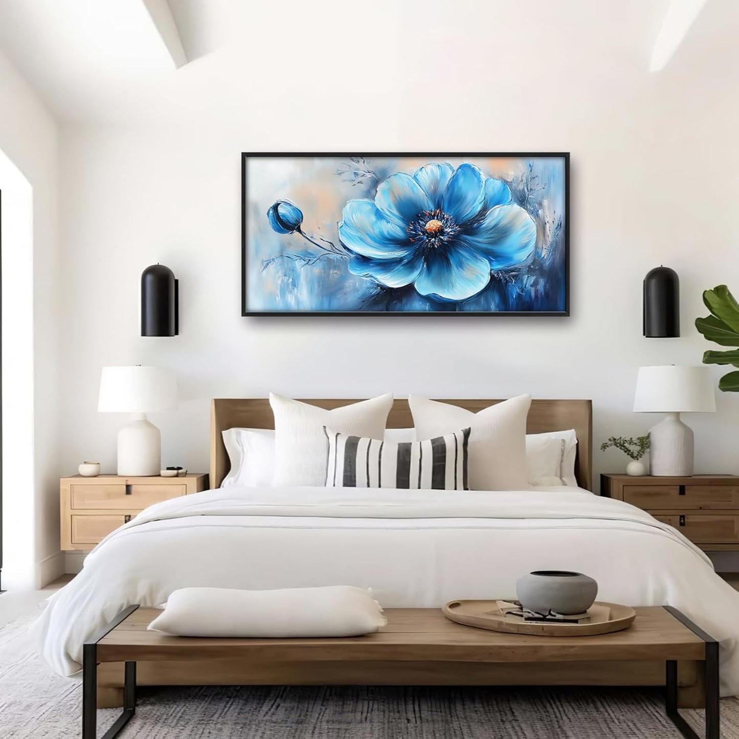 Extra Large Abstract Blue Flower Framed Wall Art for Living Room,Oversized Elegant Floral Pictures Wall Decor,Canvas Print Painting Modern Artwork Bedroom Office Bathroom 60L" x 30W"