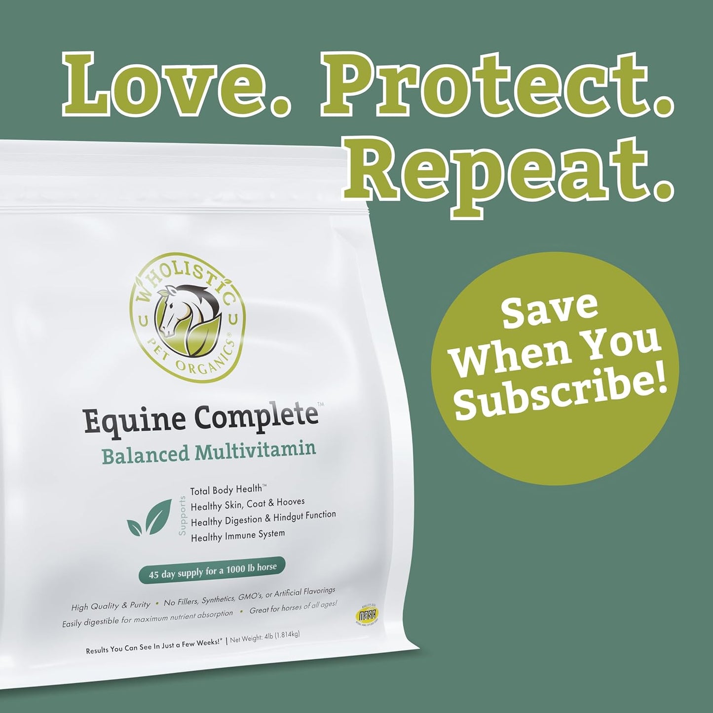 Wholistic Pet Organics Equine Complete: Horse Multivitamin for Total Body Health - Horse Supplement with Vitamins, Minerals, Prebiotics, Probiotics, Antioxidants and More - 4 Lb