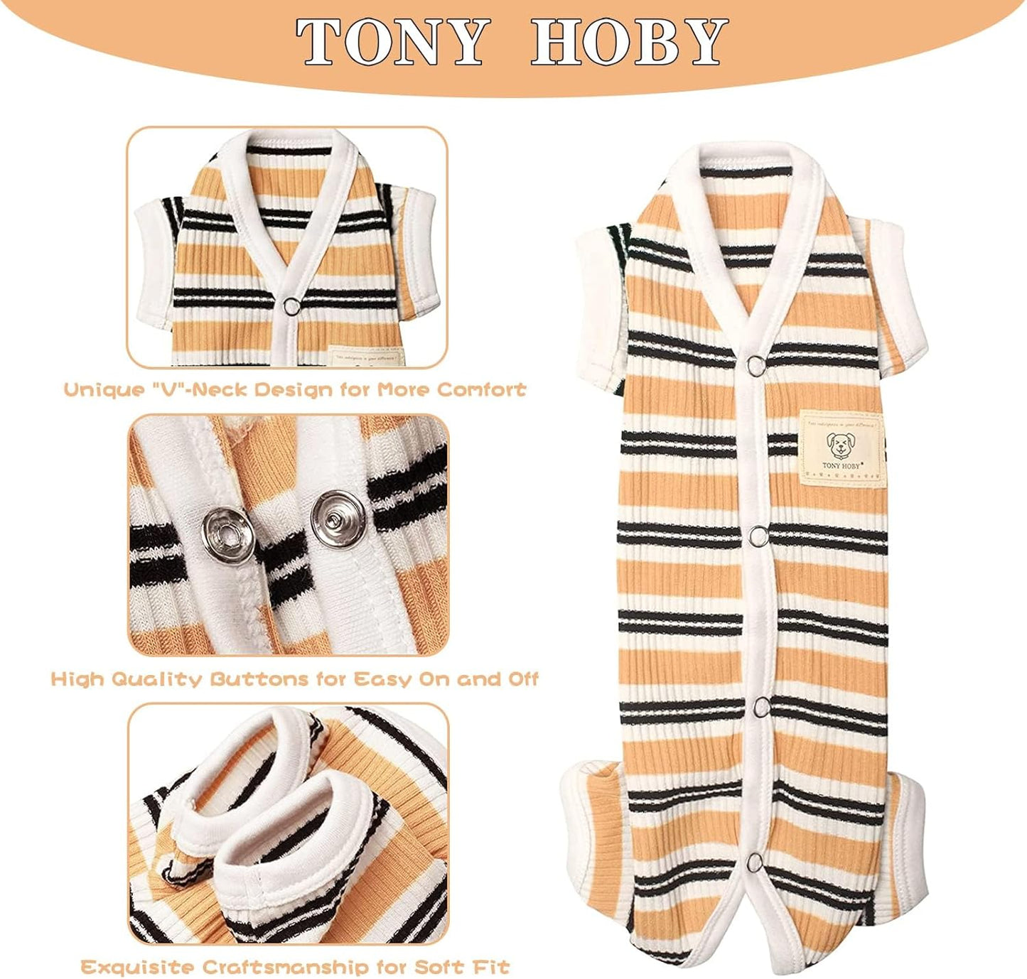 TONY HOBY Male Dog Pajamas, 4 Legged Dog Jumpsuit with Brown Stripe, Dogs Shirt for Small Medium Dogs (Brown, Boy, M)