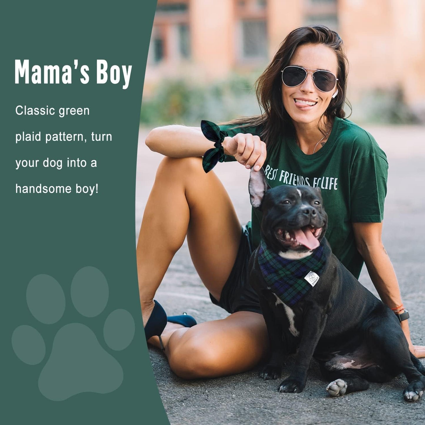 E-Clover Dog Bandanas Boy & Matching Scrunchie Set Plaid Dog Scarf Kerchief for Medium Large Dog Pet Bandana Owner Gifts Blue Green Fall