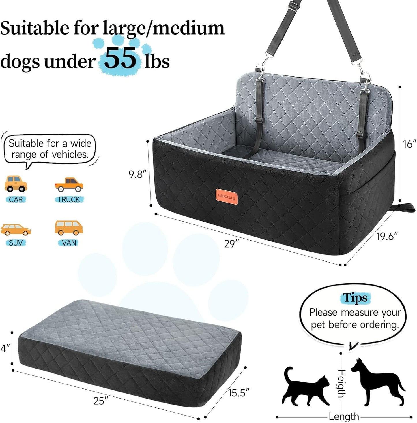 Dog Car Seat for Medium/Large Dogs, Pet Booster Seat for Under 55 lbs or 2 Small Dogs, Detachable & Washable Dog Car Bed for Backseat with 2 Safety Leashes (Black/Grey)