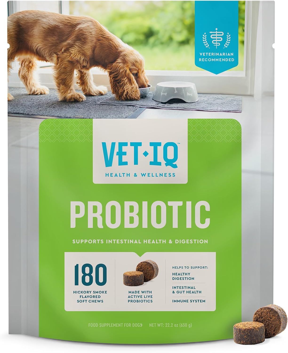 VetIQ Probiotic Supplement for Dogs, Digestive Support for Dogs, Nourishes Gut Bacteria and Supports Bowel Function, Hickory Smoke Flavor, Made in The USA, 180 Count