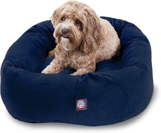 Majestic Pet 32 Inch Suede Calming Dog Bed Washable 32x23x7 (Inch) – Cozy Soft Round Donut Dog Bed with Spine Support for Dogs to Rest Their Head - Pet Bed Medium – Navy