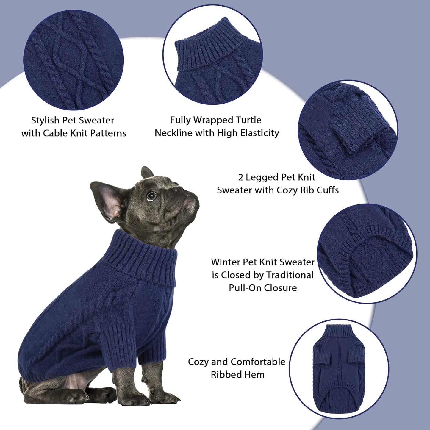 Queenmore Small Dog Pullover Sweater, Cold Weather Cable Knitwear, Classic Turtleneck Thick Warm Clothes for Chihuahua, Bulldog, Dachshund, Pug (Dark Navy, X-Small)