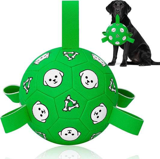 Interactive Dog Toys, Soccer Ball with Straps, Durable Herding Ball for Tug of War, Water Pool Dog Busy Toys for Indoor/Outdoor Play – Fun Birthday Gift for Medium & Large Dogs, 8 Inch