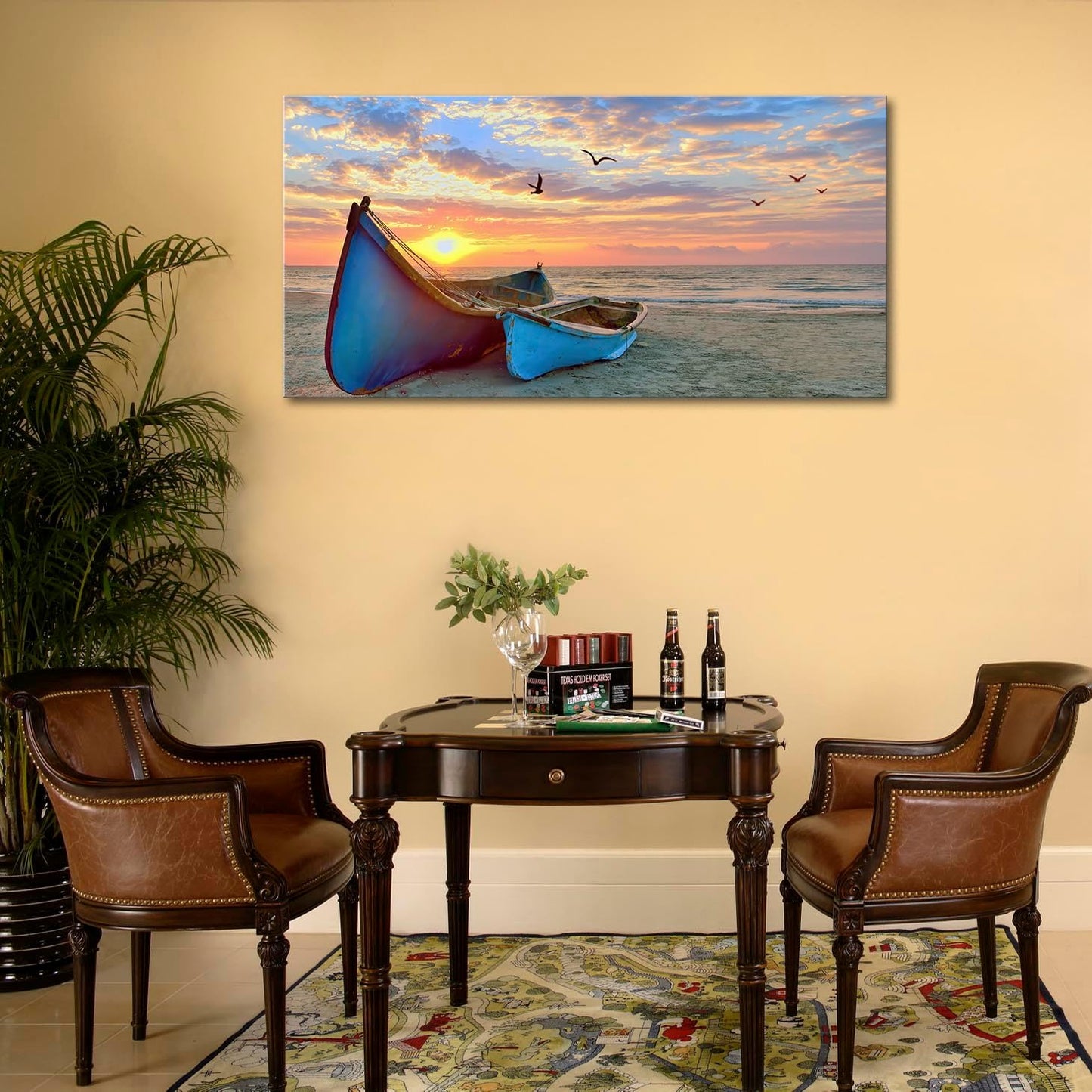 weiyiart Beach Wall Art Decor for Living Room Ocean Boat Canvas Picture for Wall Gold Sunset Painting for Bedroom Seascape Theme Art Print for Bathroom Home Office Decoration Ready to Hang 24x48 Inch
