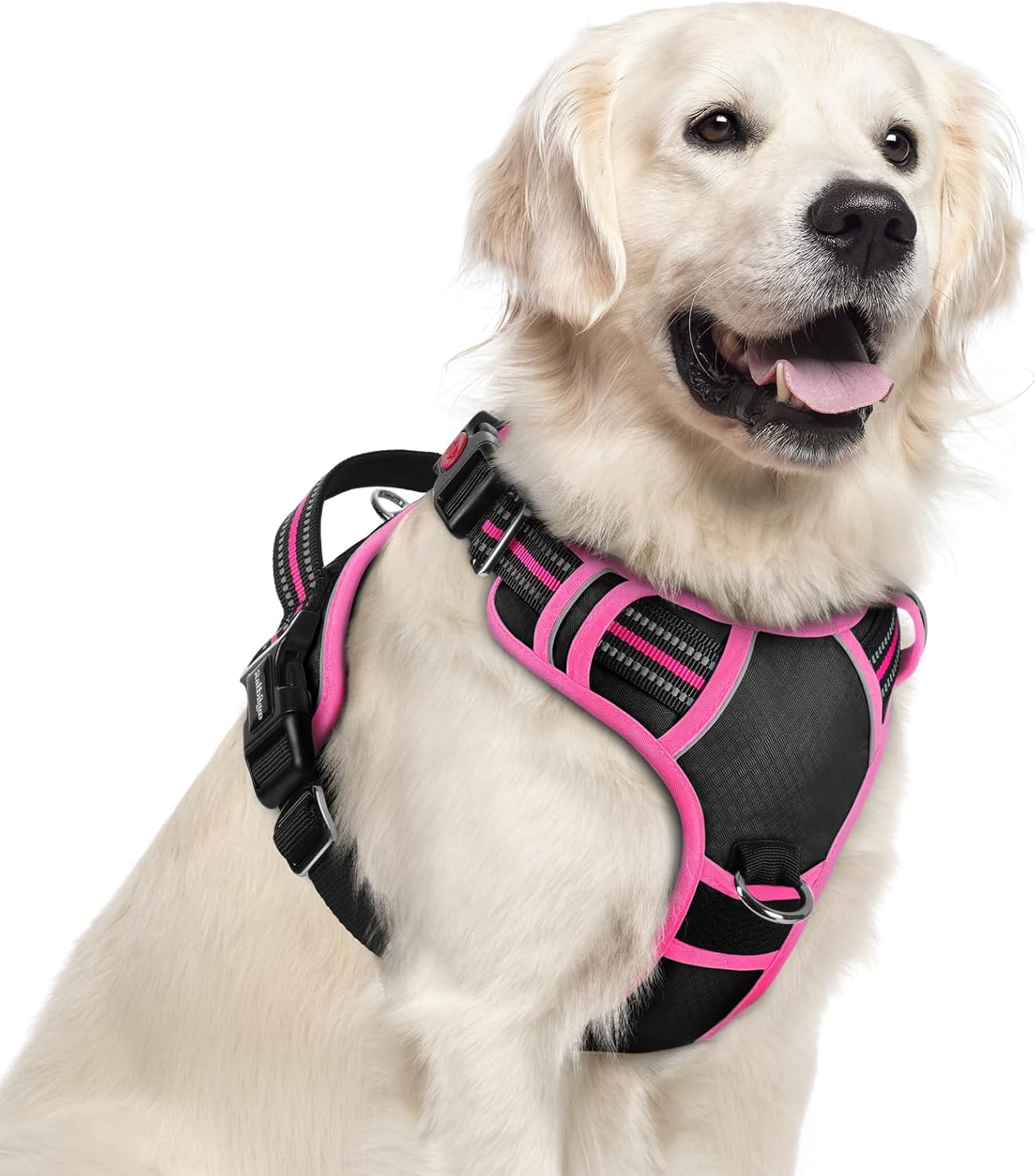 rabbitgoo Dog Harness for Large Dogs, No Pull Pet Vest with 3 Buckles, Adjustable Soft Padded Pet Harness with Easy Control Handle and Reflective Strips, Black & Rose Pink, XL