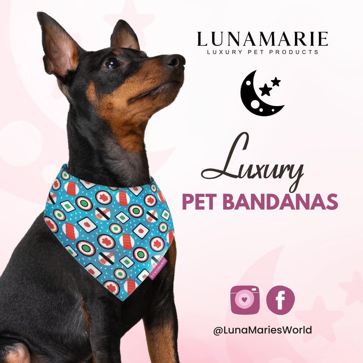 LunaMarie - Luxury Pet Birthday Bandanas -Premium & Silky Poly Fabric | 100% Handmade | Custom Shape Dual Layered (Sushi, Small)