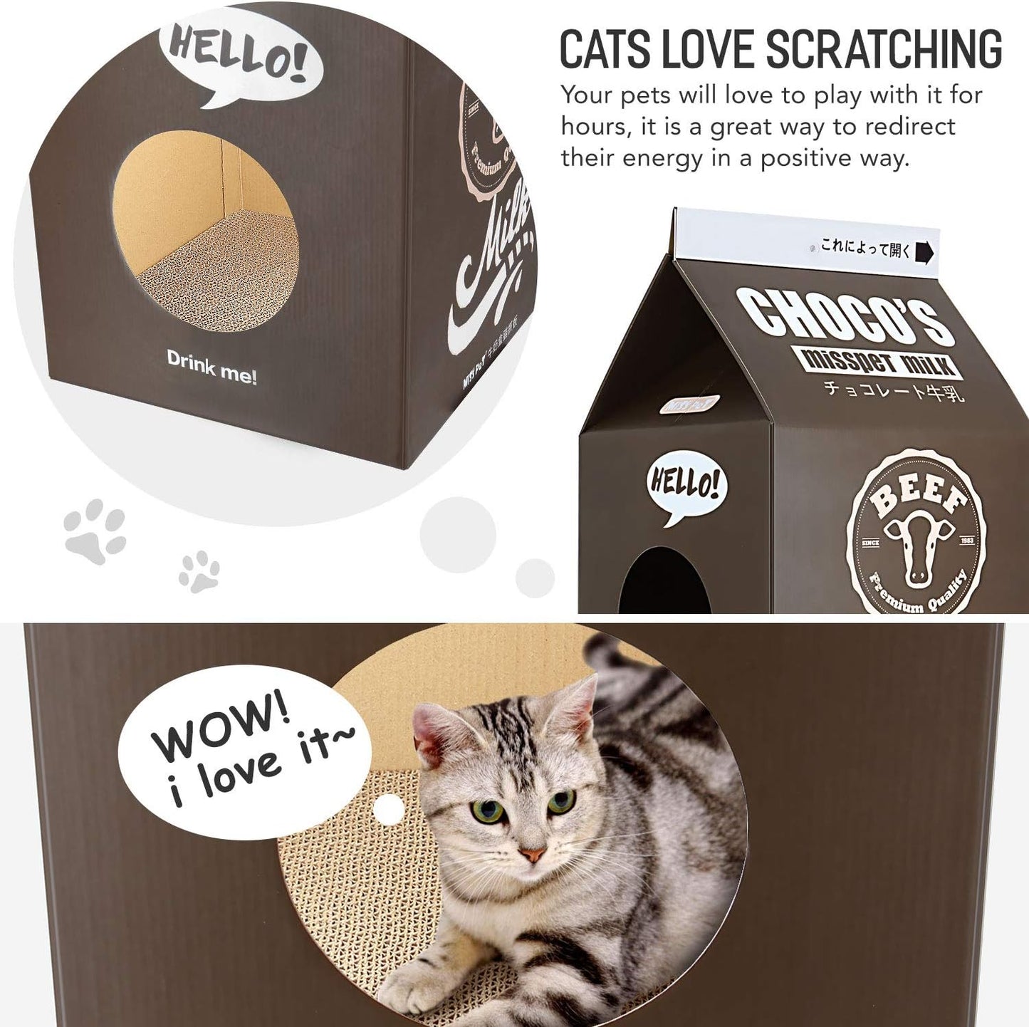 Cat Condo Scratcher Post Cardboard, Milk Box Shape Cat Scratching House Bed, Black Color