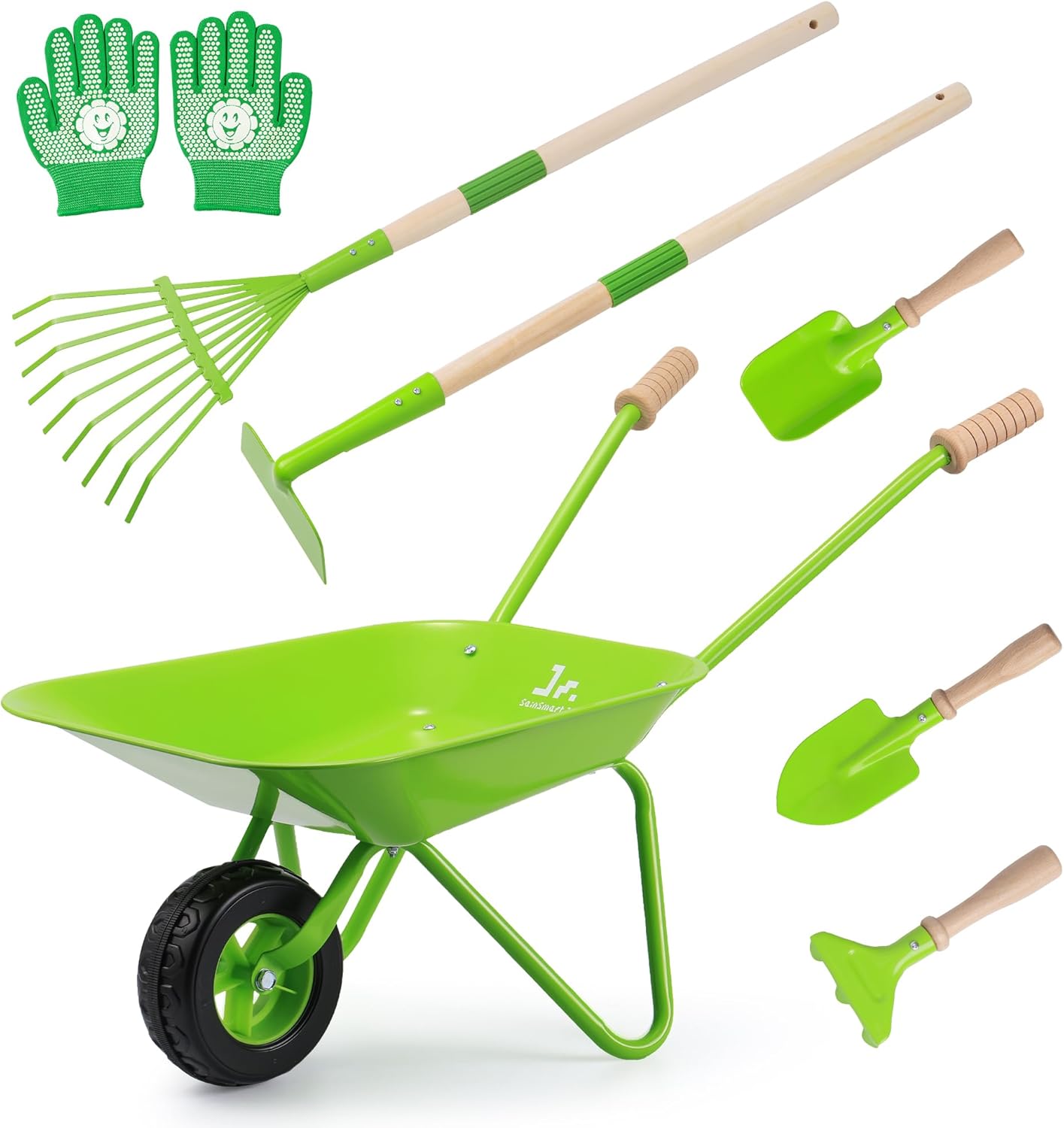SainSmart Jr. Kids Gardening Set with Wheelbarrow - 7 Pcs Kids Rake and Shovel Set, Outdoor Toys for All Seasons - Plant, Sweep Leaves, Shovel Sand or Snow, for Boys and Girls
