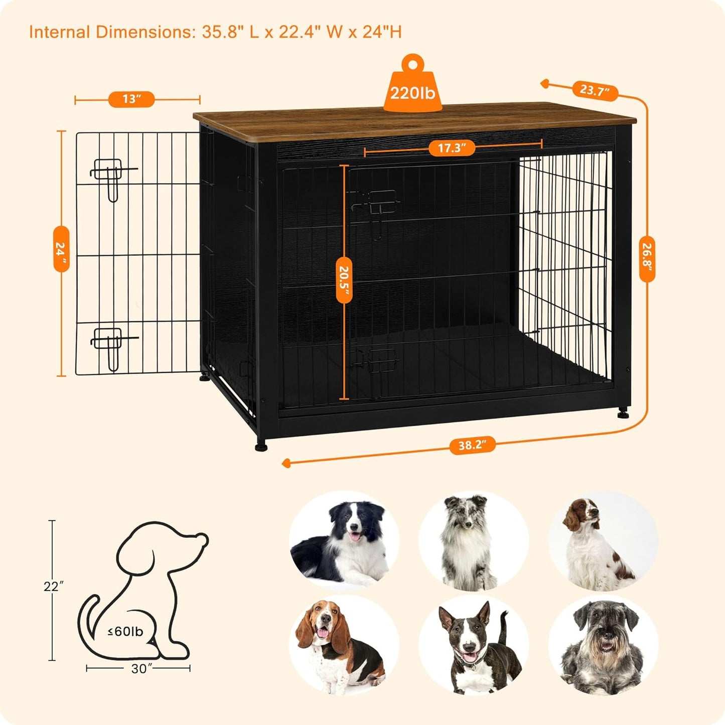 DWANTON Dog Crate Furniture with Cushion, Wooden Kennel Table with Double Doors, Indoor Dog House, Large Size, 38.5" L, Black+Warm Brown