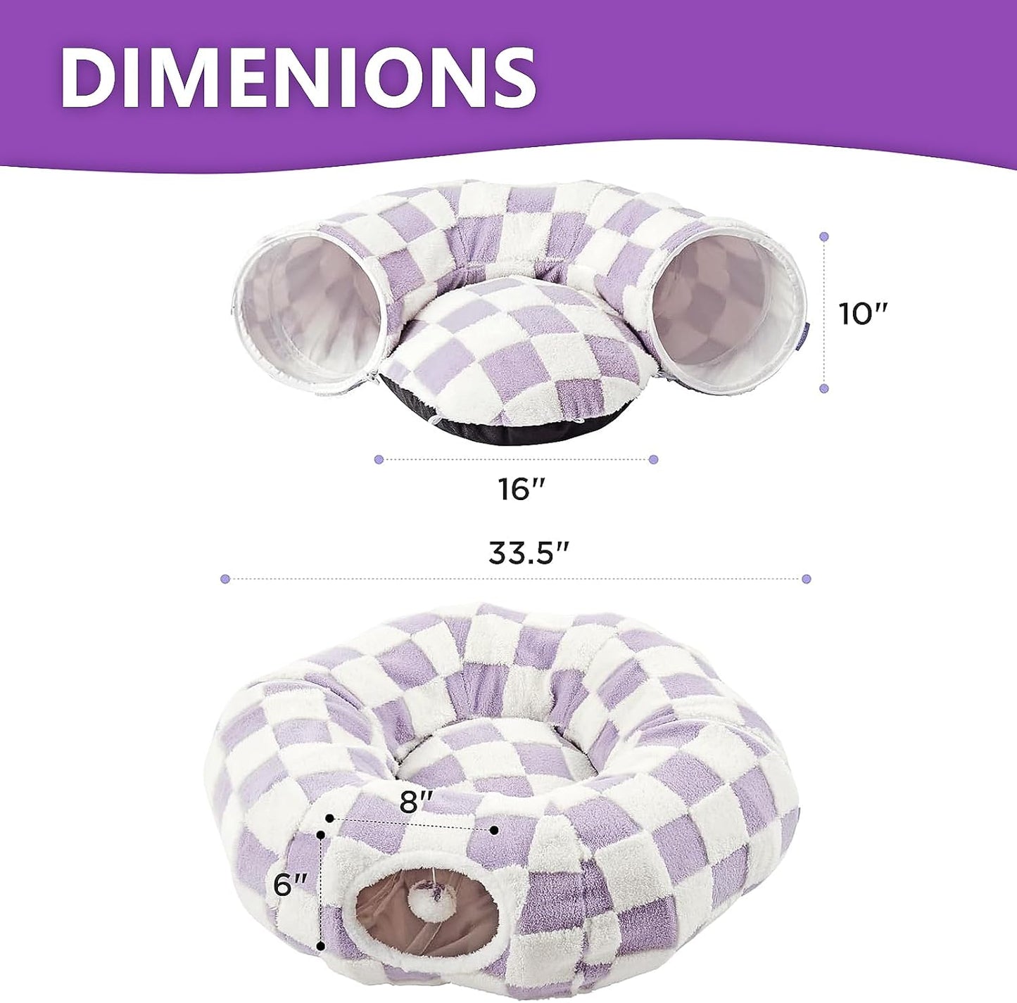 Cat Tunnel Bed with Washable Cushion for Indoor Cat, Donut Cave Tube Toys for Kitten Puppy Rabbit, Purple