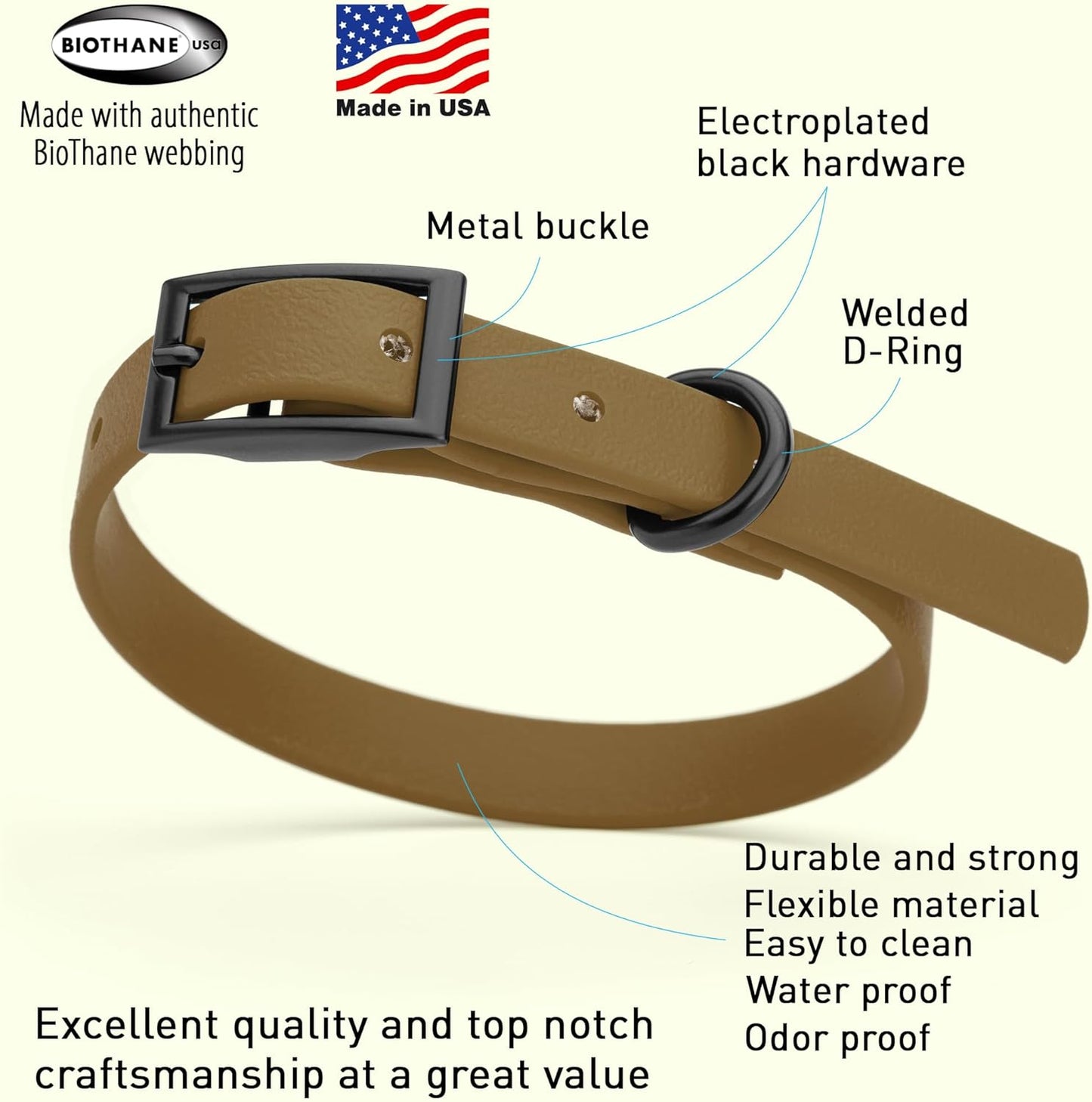 Dogline Biothane Waterproof Dog Collar Strong Coated Nylon Webbing with Black Hardware Odor- Proof for Easy Care Easy to Clean High Performance Fits Small Medium or Large Dogs, Coyote Brown