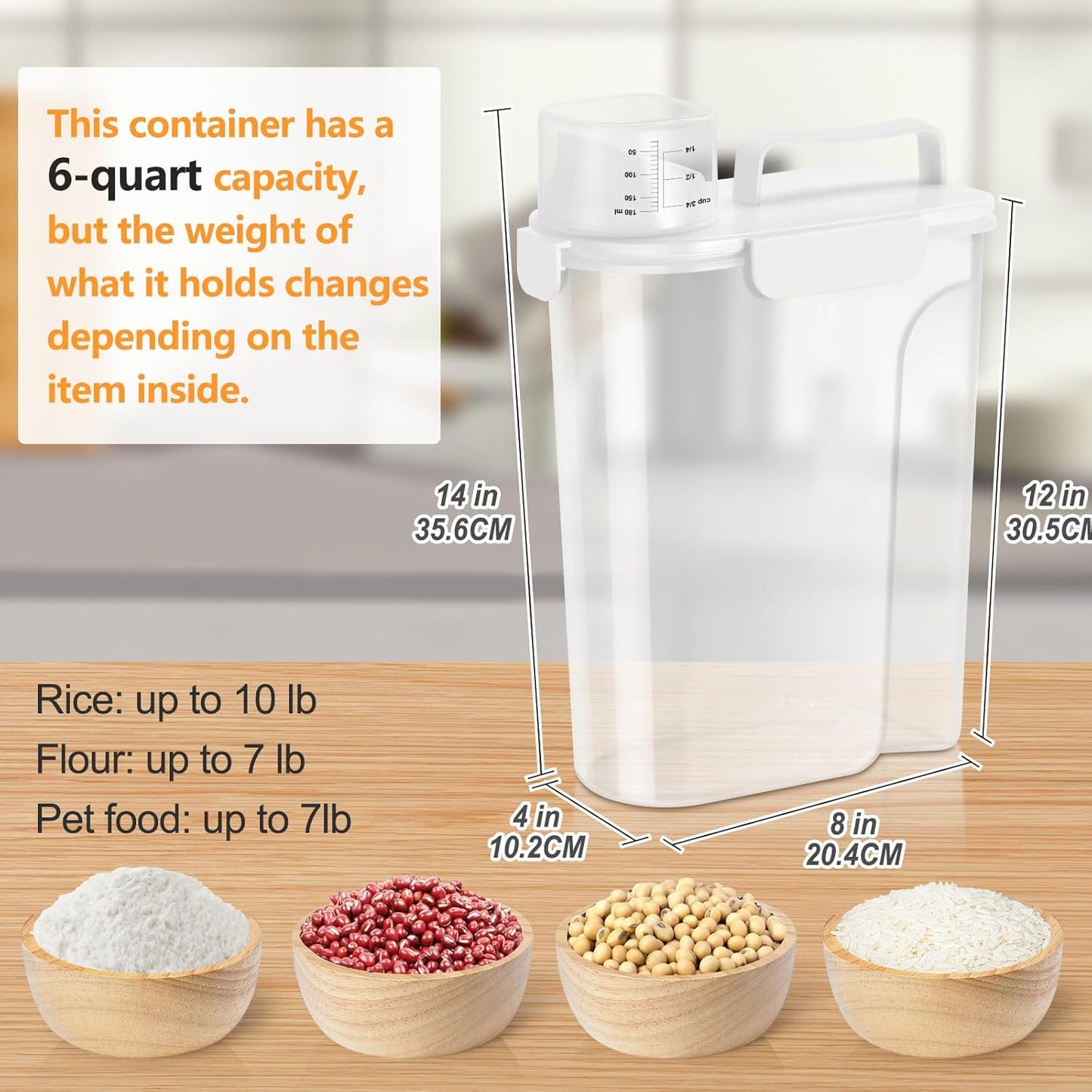 Dog Cat Food Storage Container, 5-7 Lbs Airtight Pet Food Storage Container with Easy-Pouring Spout and Portable Handle, Bird Seed Dispenser, Kitchen Organizer for Rice Cereal Flour -White