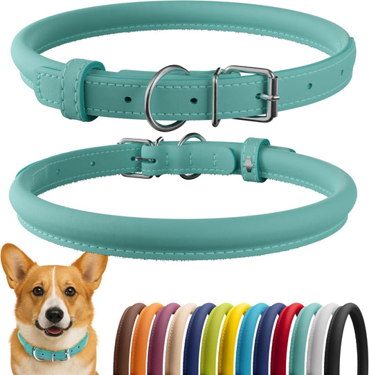 CollarDirect Rolled Leather Dog Collar, Soft Padded Round Puppy Collar, Handmade Genuine Leather Collar Dog Small Large Cat Collars 13 Colors (13-16 Inch, Mint Green Smooth)