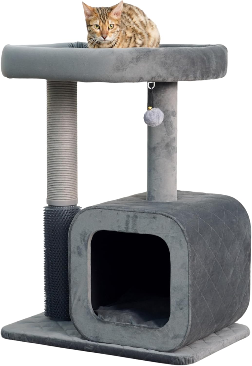 Catry 30" High 3 Level Modern Cat Tree with Large Base Condo,Removable Washable Top Bed, Recycled Paper Scratching Post, Self Grooming Brush, for Small Medium Cat(Dim Gray)