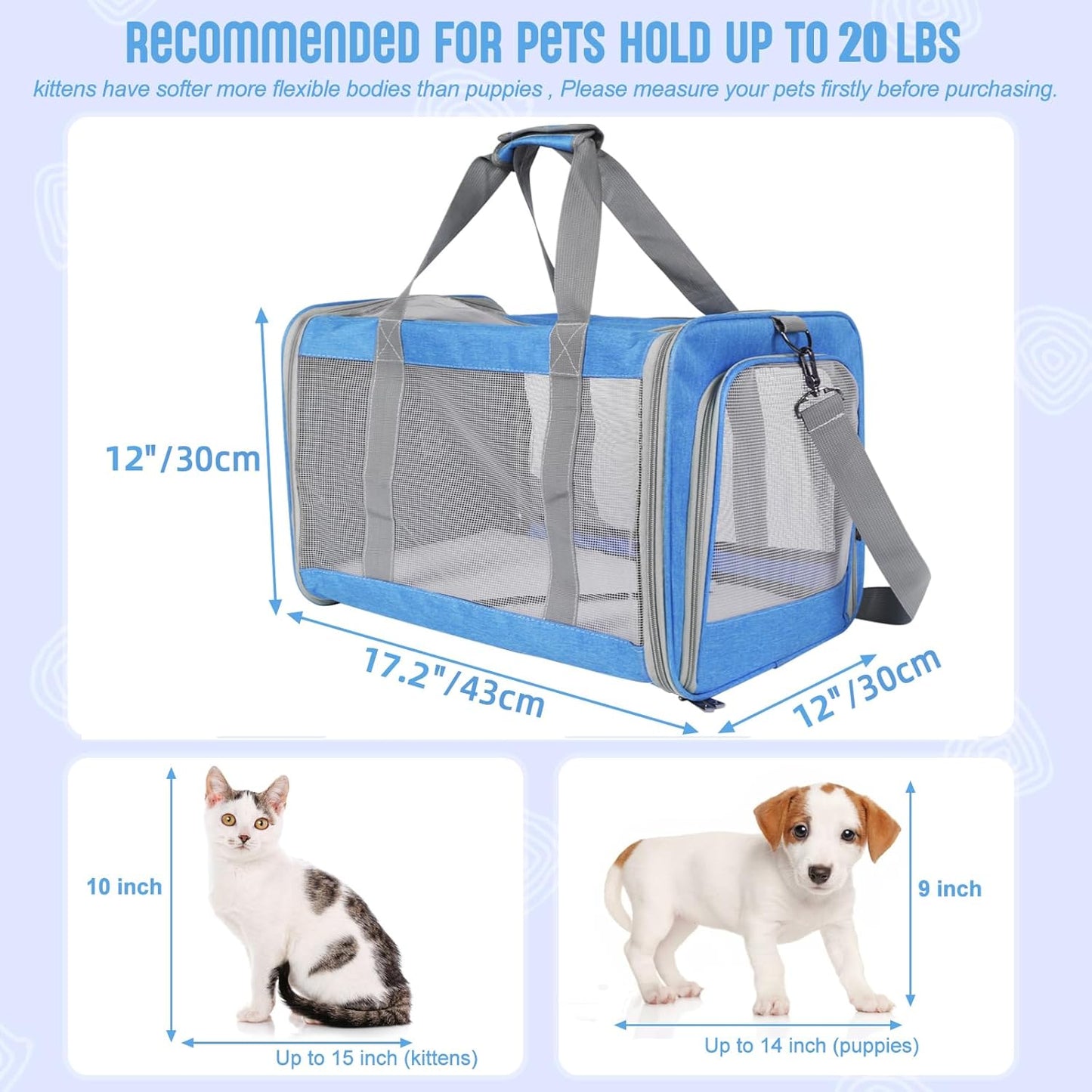 Pet Carrier for Large Cats of 20 Lbs, Collapsible Carrier Bag for Big Cat or 2 Kittens,Soft Sided Puppy Carrier with Sturdy Travel Transport Strap, Adequate Ventilation, 4 Mesh Windows (Blue)
