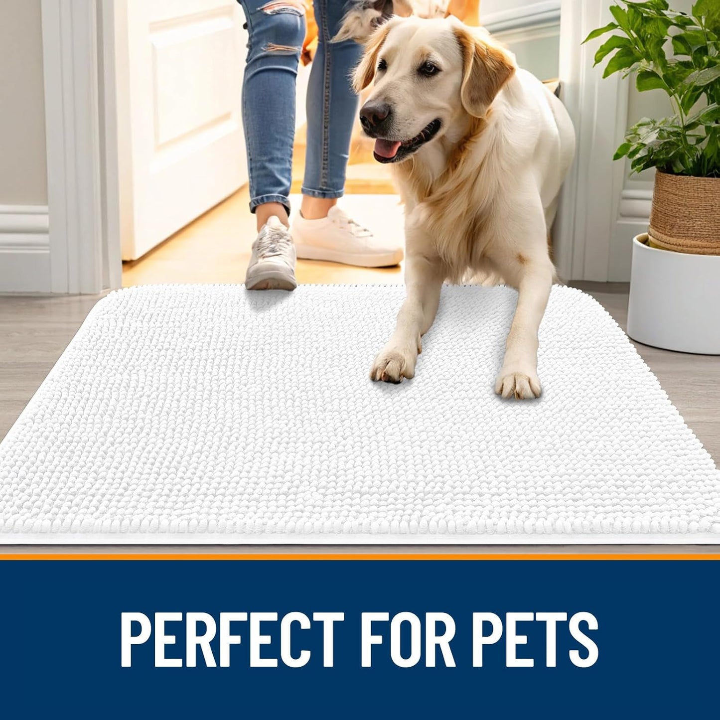 OLANLY Dog Door Mat for Muddy Paws 44x32, Absorbs Moisture and Dirt, Absorbent Non-Slip Washable Doormat, Quick Dry Chenille Mud Mat for Dogs, Entry Indoor Entryway Carpet for Inside Floor, White