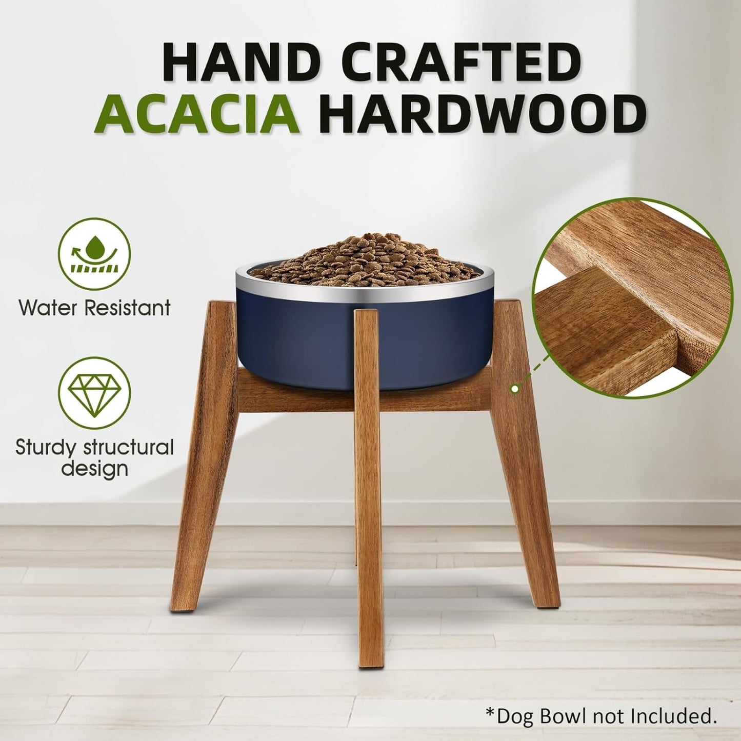 Solid Acacia Hardwood Elevated Dog Bowl Stand, Raised Feeder for Medium & Large Dogs, Fits up to 9″ Bowls, Improves Posture and Reduces Neck Strain, Stand Only