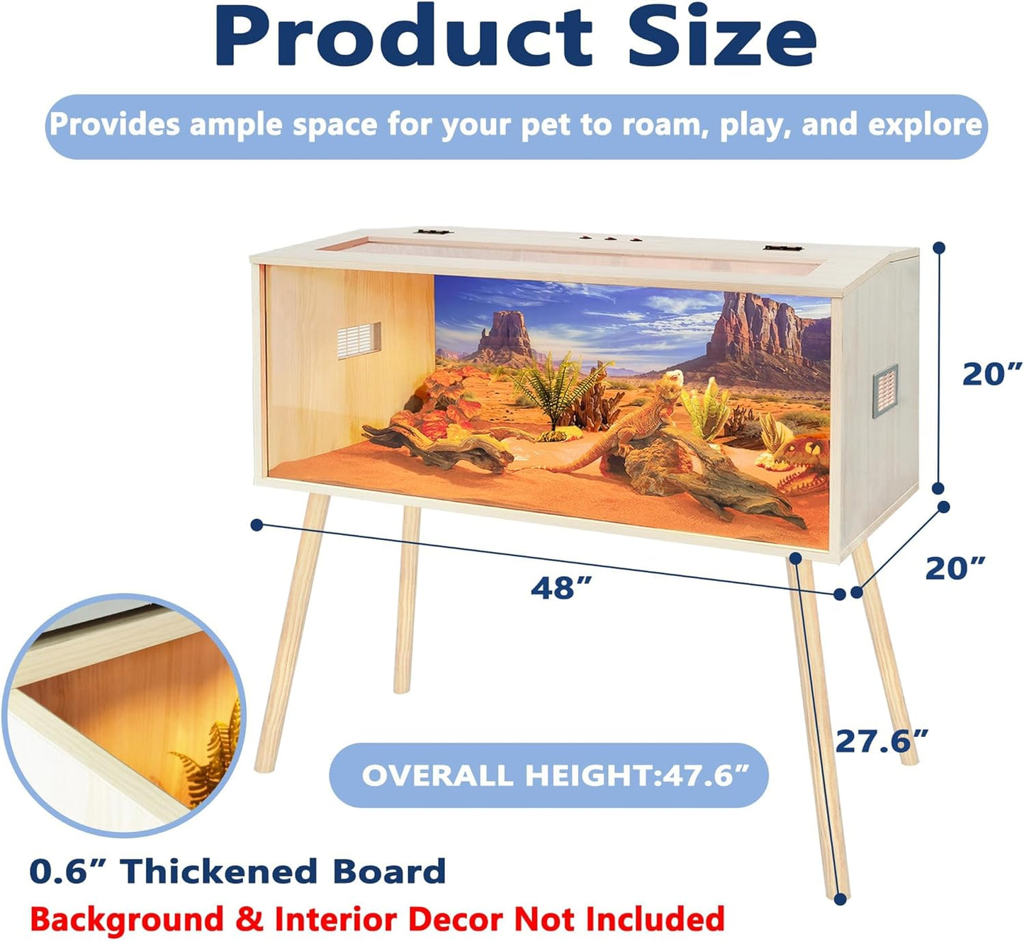 Prolee Reptile Terrarium, Lizard Tank Up to 68 Gallons, Bearded Dragon Tank with Roof Door, Snake Tank with Built-in Lamp Fixture and Switch, with Leg Stand (Oak, 68 Gallons, 48" Length)