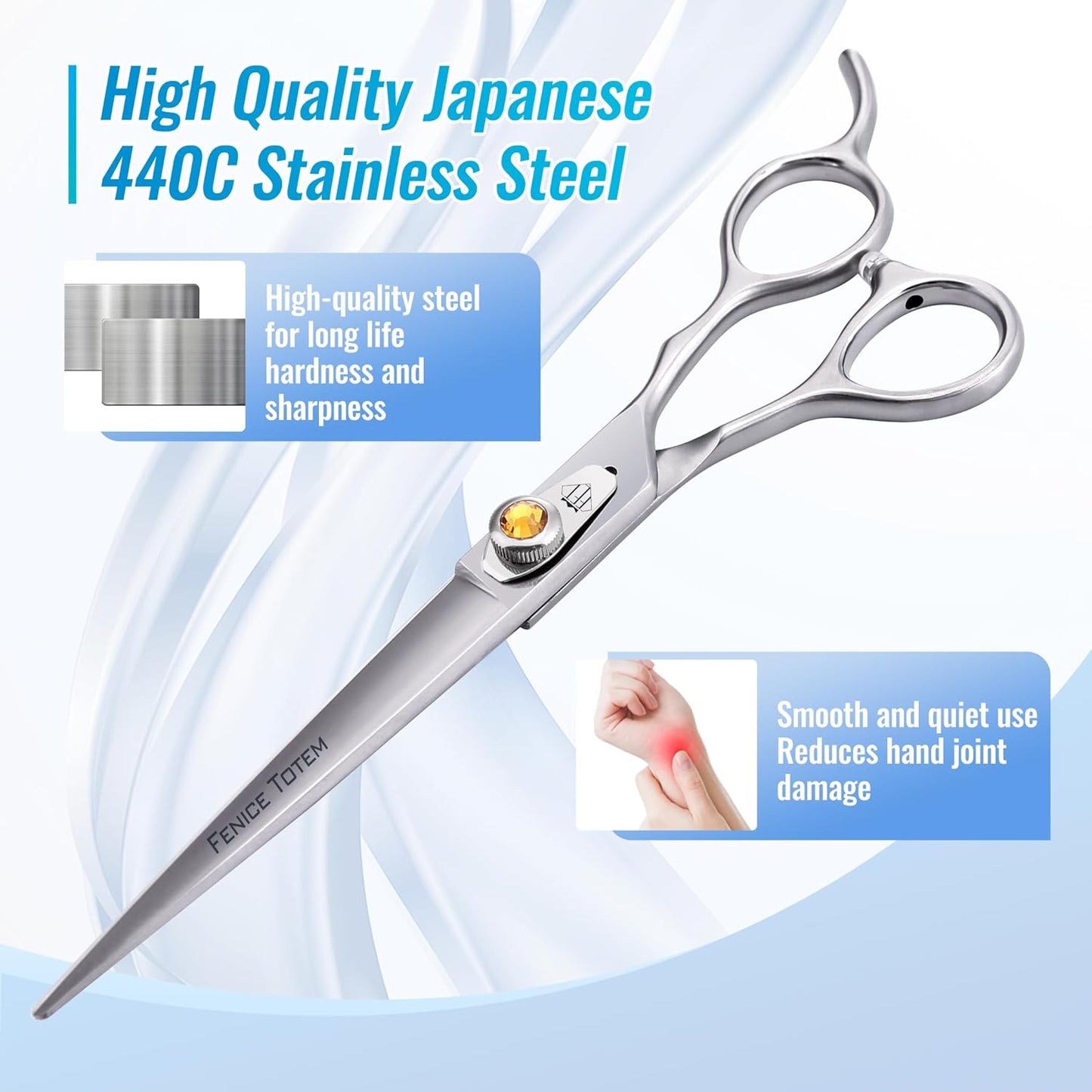 Fenice Professional Dog Grooming Scissors: 7 inch Straight Shears for Dogs Trimming Made Of Japanese 440C Stainless Steel Yellow Diamond