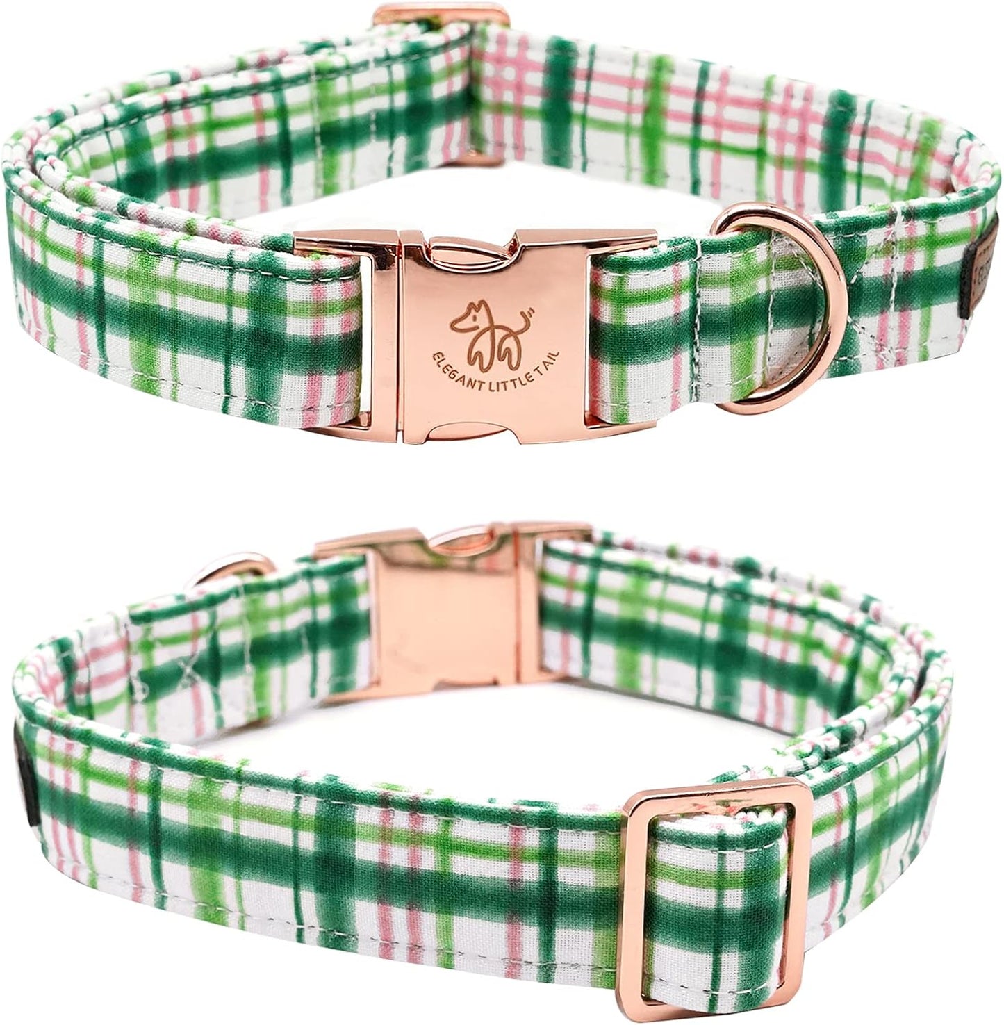 Elegant little tail Dog Collar with Bow - Pink with Green Plaid Boy or Girl Dog Collar Cute Bowtie Pet Collar Adjustable Dog Collar for Small Puppy
