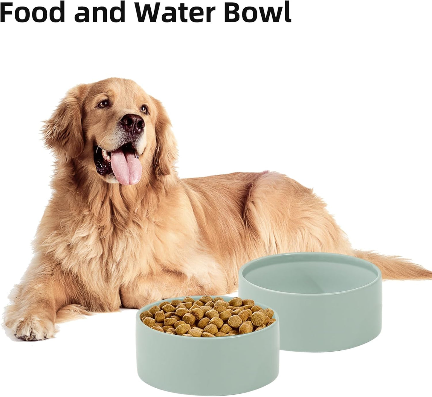 Ceramic 7.3inch Dog Bowl, Food and Water Bowl for Medium Breed Dog, Pet Feeder for Replacement (Single Bowl, Light Green)