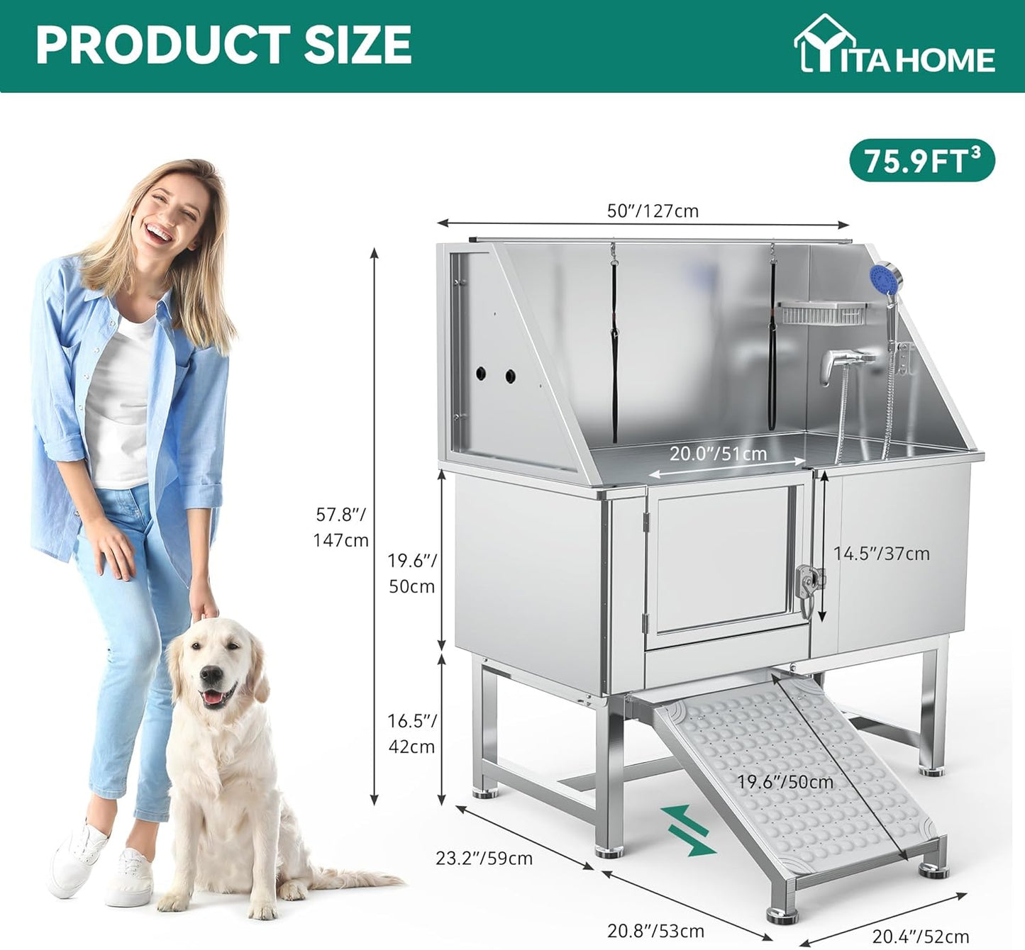 YITAHOME 50in Dog Bathing Station, Professional Stainless Steel 304 Dog Bathtub, Pet Grooming Tub w/Left Ramp, Floor Grate, Faucet, Pet Washing Station for Large, Medium, Small Pets, Indoor, Outdoor