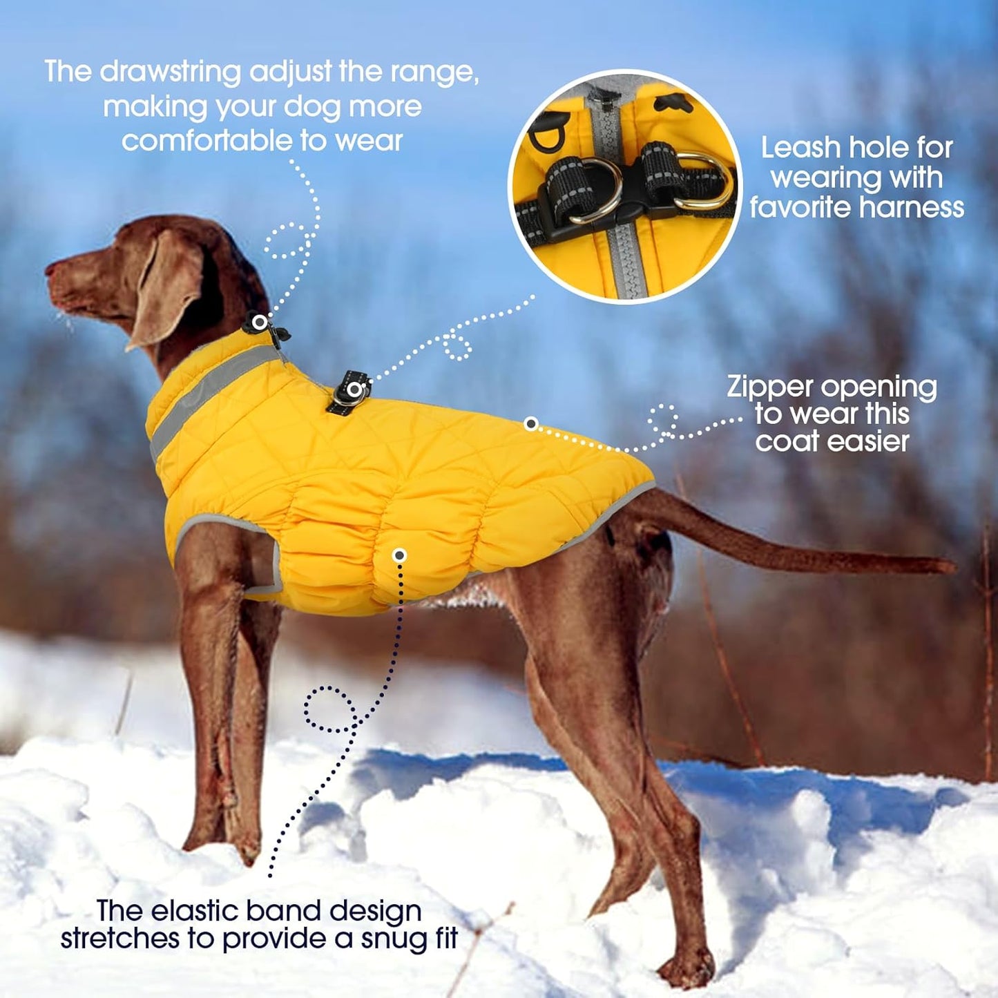 FUAMEY Dog Coat for Medium Dogs,Waterproof Dog Winter Jacket with Harness Built in Puppy Cold Weather Coats Reflective Pet Vest with Zipper Warm Fleece Dogs Snowsuit Windproof Yellow M