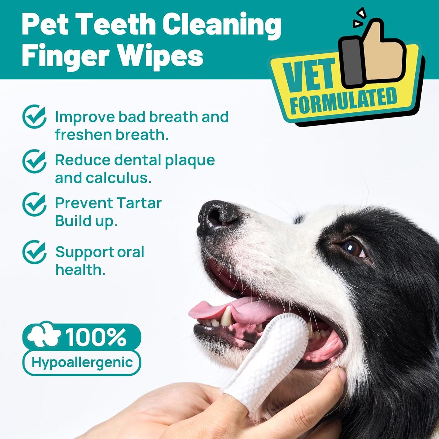 Dog Dental Care Finger Wipes - Teeth Cleaning Finger Wipes for Dog & Cats - Tooth Brushing Kit Dental Wipes for Dog - Reduces Plaque & Freshens Breath (100 PCS, Unscented)
