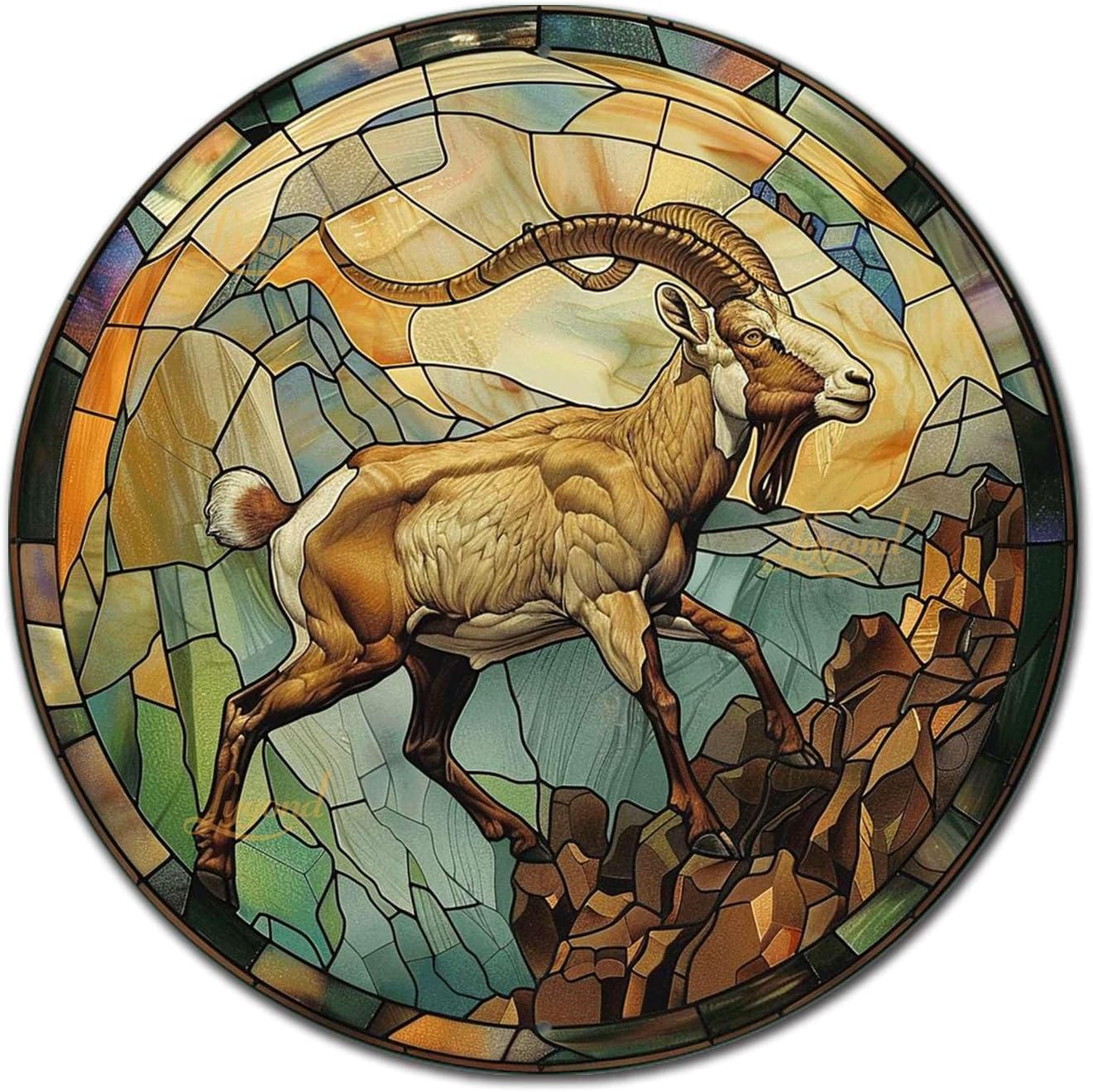 Lygond Metal Sign Tin Sign Circular Stained Glass Mountain Goat Garden Metal Sign For Bar 8×8 Inches