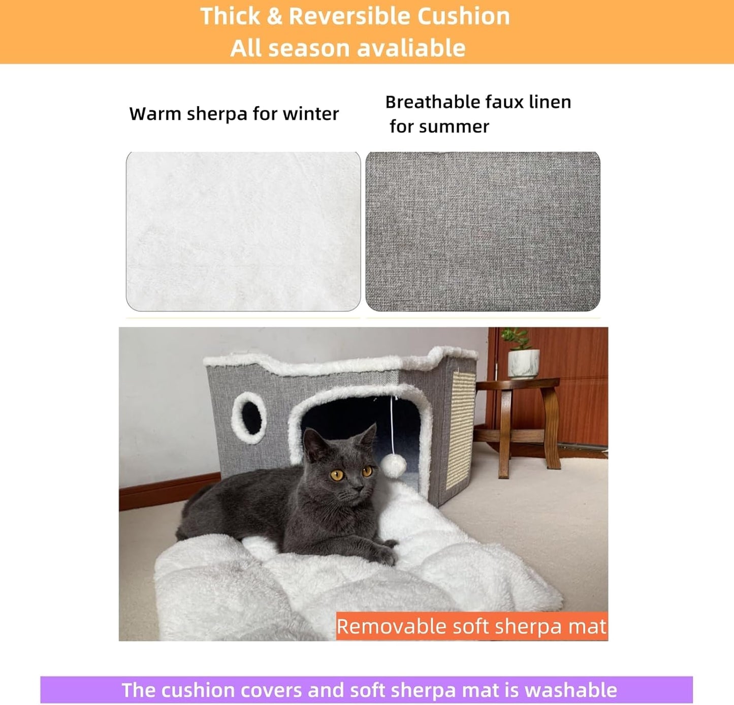 Cat Bed for Indoor Cats,Covered Cat Cave House & Furniture with Scratch Pad,Foldable Cat Hideaway Hut Cute Cat Condo with Soft Washable Mat for Multi Small Pet Under 30 lbs,Light Grey