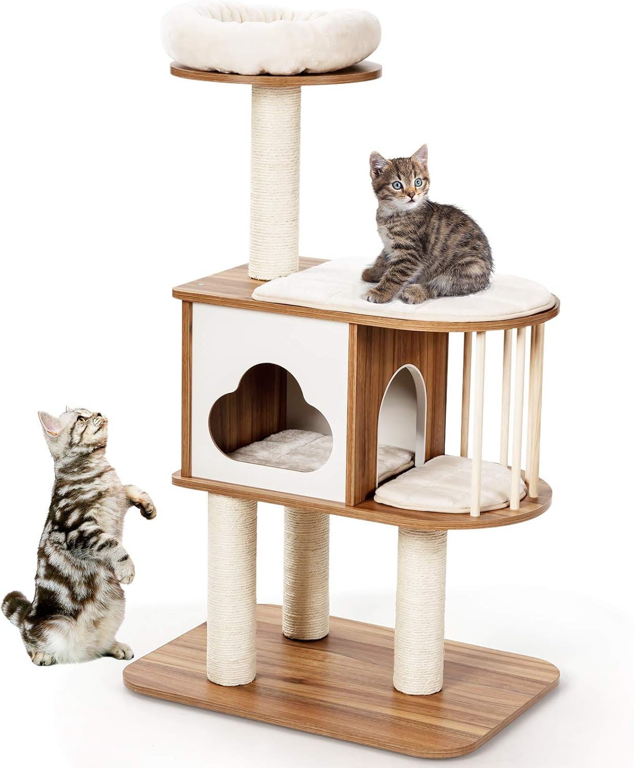 Tangkula Modern Wood Cat Tree, 46 Inches Cat Tower with Platform, Cat Activity Center with Scratching Posts and Washable Cushions, Wooden Cat Condo Furniture for Kittens and Cats (Natural)