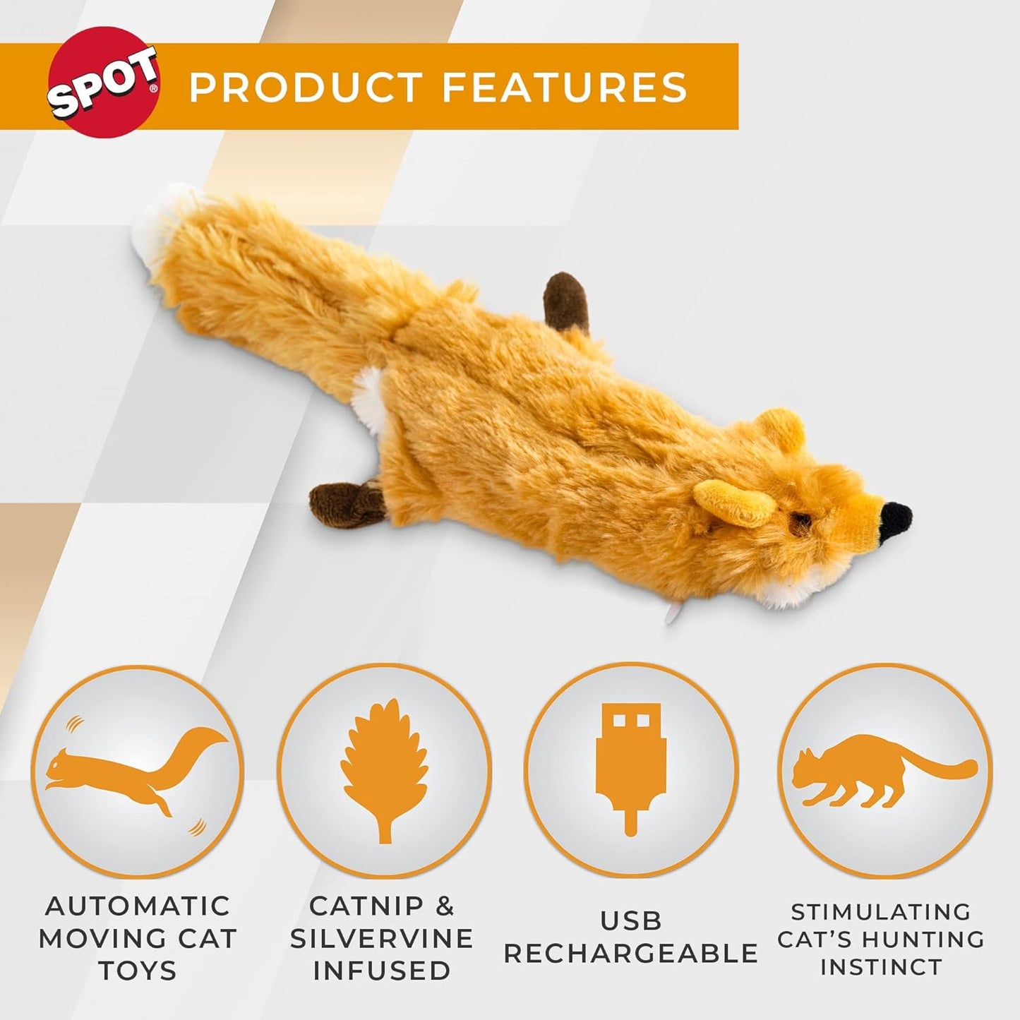 SPOT Flippin’ Skinneeez Fox - Interactive Cat Toy with Catnip - Touch Activated Flopping, Wiggling, Moving Toy for Cats and Kittens, USB Rechargeable, Washable, Large Size for Cats to Hug and Kick