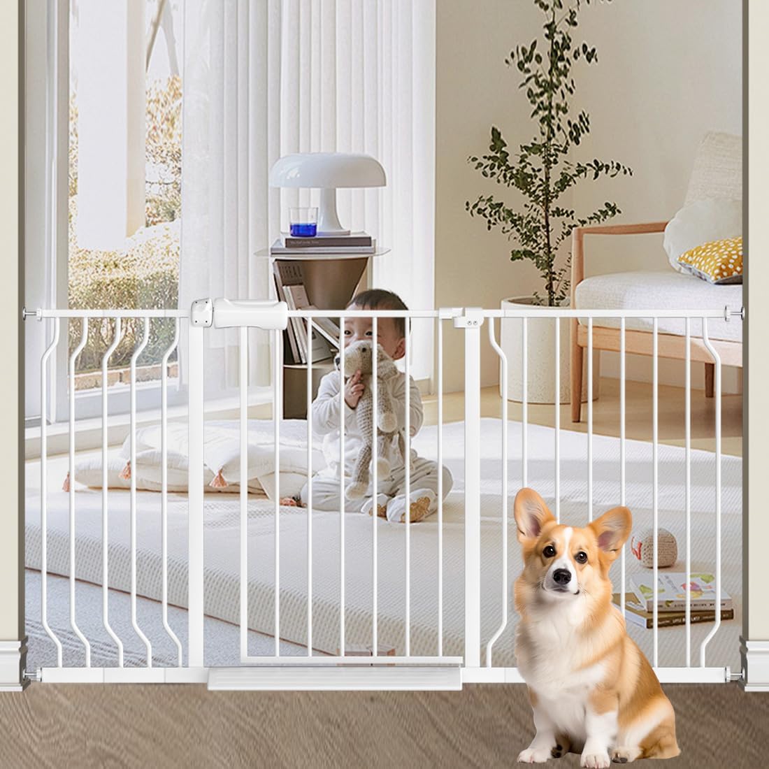TSAYAWA Extra Wide Baby Safety Gate 29.6-33.8Inch Auto Close Child Gates, Pressure Mounted Gate for Stairs & Doorways, Indoor/Outdoor Heavy-Duty Pet Gate for Toddlers, Dogs, White