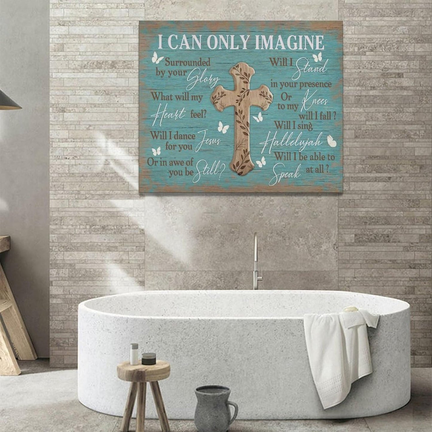 Rustic Christian Cross Wall Art I Can Only Imagine Pictures Farmhouse Butterfly Wall Decor Teal Motivational Canvas Print Painting Artwork for Bathroom Living Room Bedroom 20"x24"