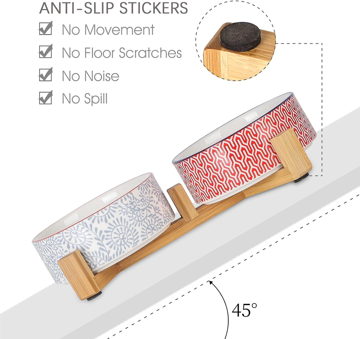 Selamica Ceramic 14 oz Dog Bowls - Anti-Slip Pet Dishes Set with Wooden Stand for Cats & Small Dogs, Weighted, Assorted Colors, Food & Water Dishes