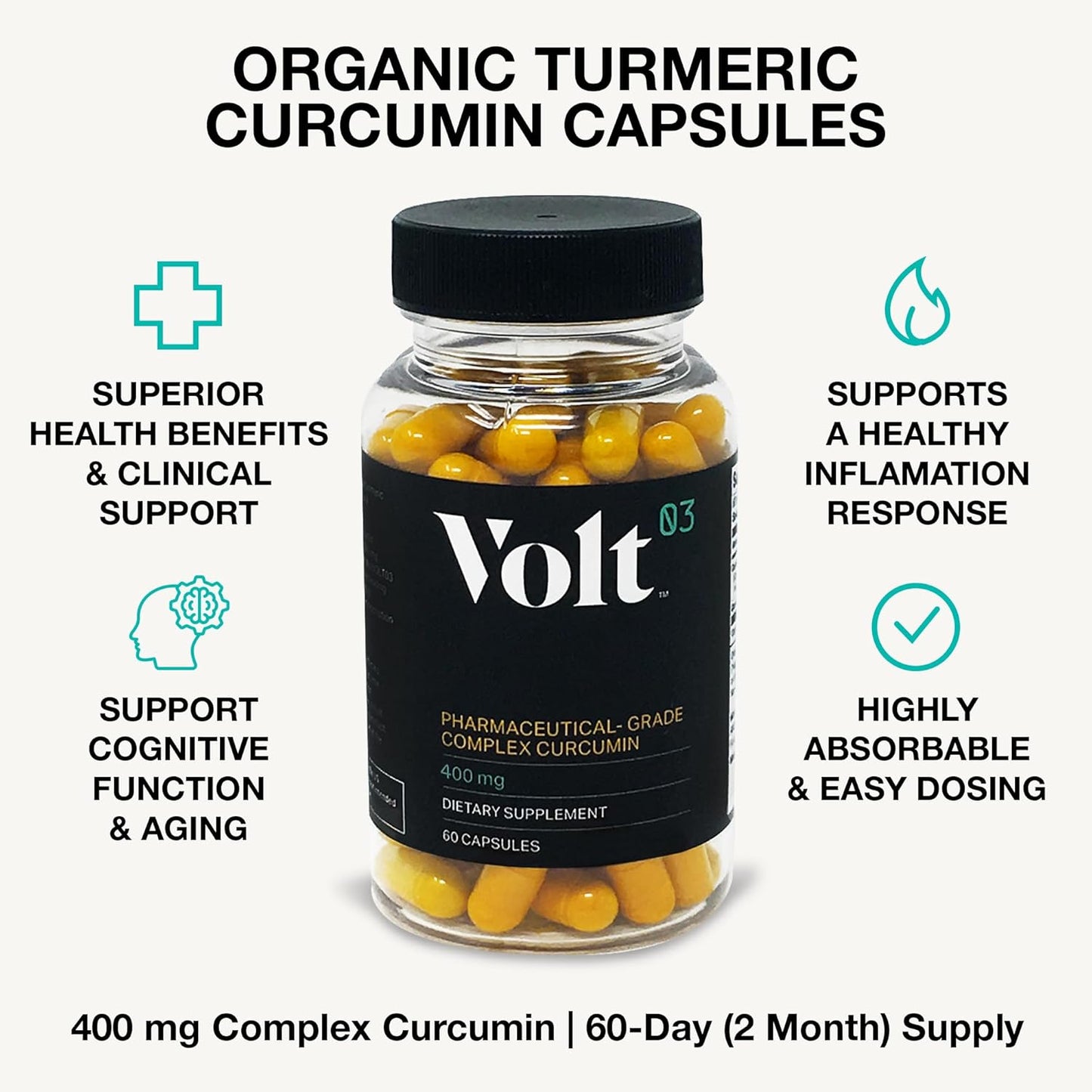 Organic Turmeric Curcumin Capsules, 400mg Complex Curcurmin - Pharmaceutical-Grade Curcumin Supplement for Joint Health, Immune Support, & Healthy Inflammation Response, 60-day (2 month) supply