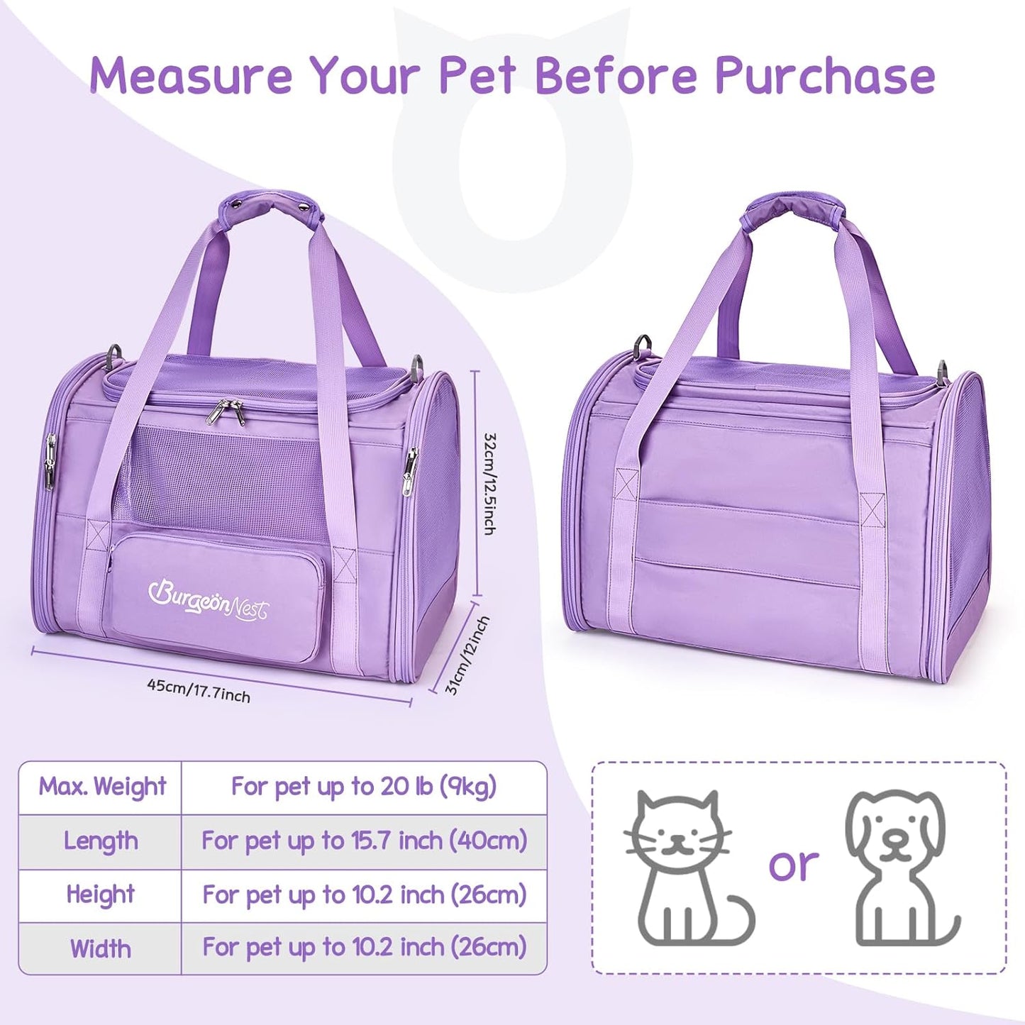 BurgeonNest Cat Dog Carrier, Cat Carriers for Large Medium Cats 20 lbs, Soft Sided Puppy Kitten Pet Carrier Under 25 lbs, Collapsible Travel Cat Carrier with Unique Side Bag (Medium)