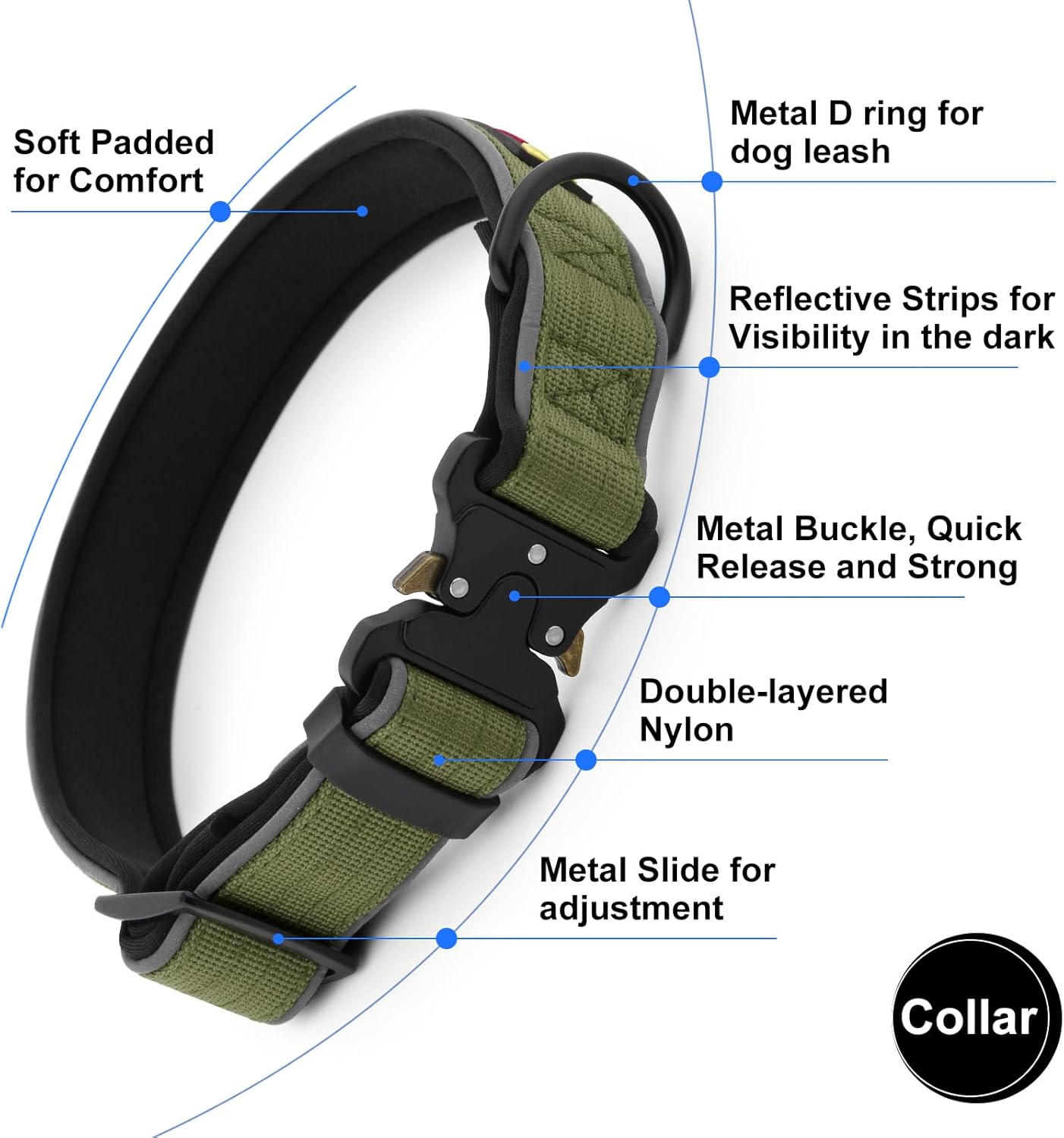 Plutus Pet Tactical Dog Collar, Reflective, Adjustable Heavy Duty Dog Collar, Soft Padded and Comfortable, for Small Medium and Large Dogs (Ranger Green, L)