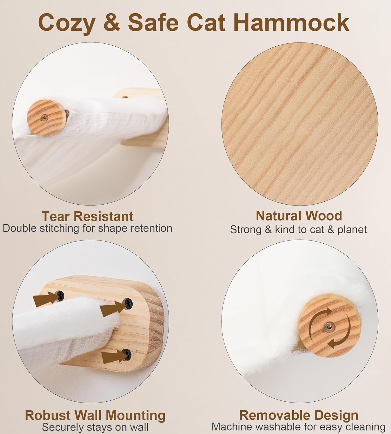 Cat Wall Shelves with 1 Floating Fabric Hammock, 2 Ladders with 4 Steps Each & 1 Flat Cat Shelf, Wall Mounted Bed Furniture & Climber, Indoor Playground