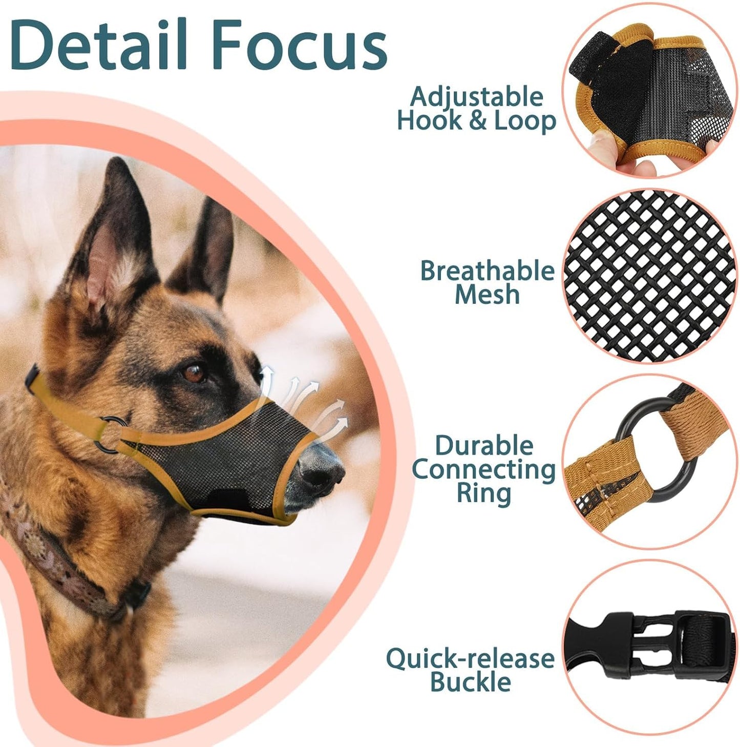 LUCKYPAW Dog Muzzle, Mesh Muzzle for Large Medium Small Dogs, Soft Mouth Guard for Biting Chewing, Breathable Mouth Guard with Adjustable Strap for Training(Brown, XL(Snout:11"-12.25"))