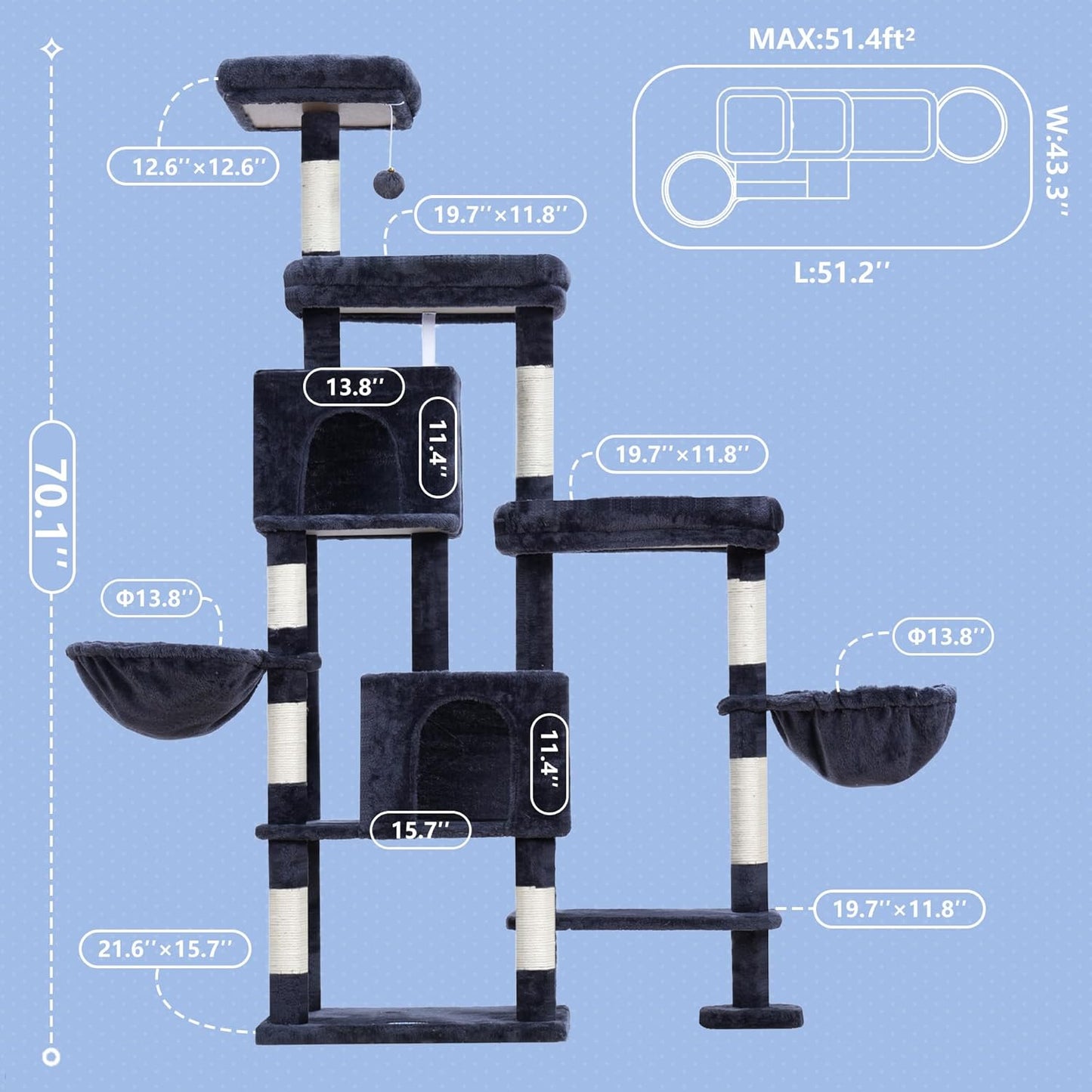 Hey-brother Cat Tree Tower, Scratching Posts with a Extended Part, Wide Platforms, Cozy Condos, Hammocks, Sisal Columns and Ball for Indoor Cats, 70.1 Inches, Smoky Gray MPJ038G