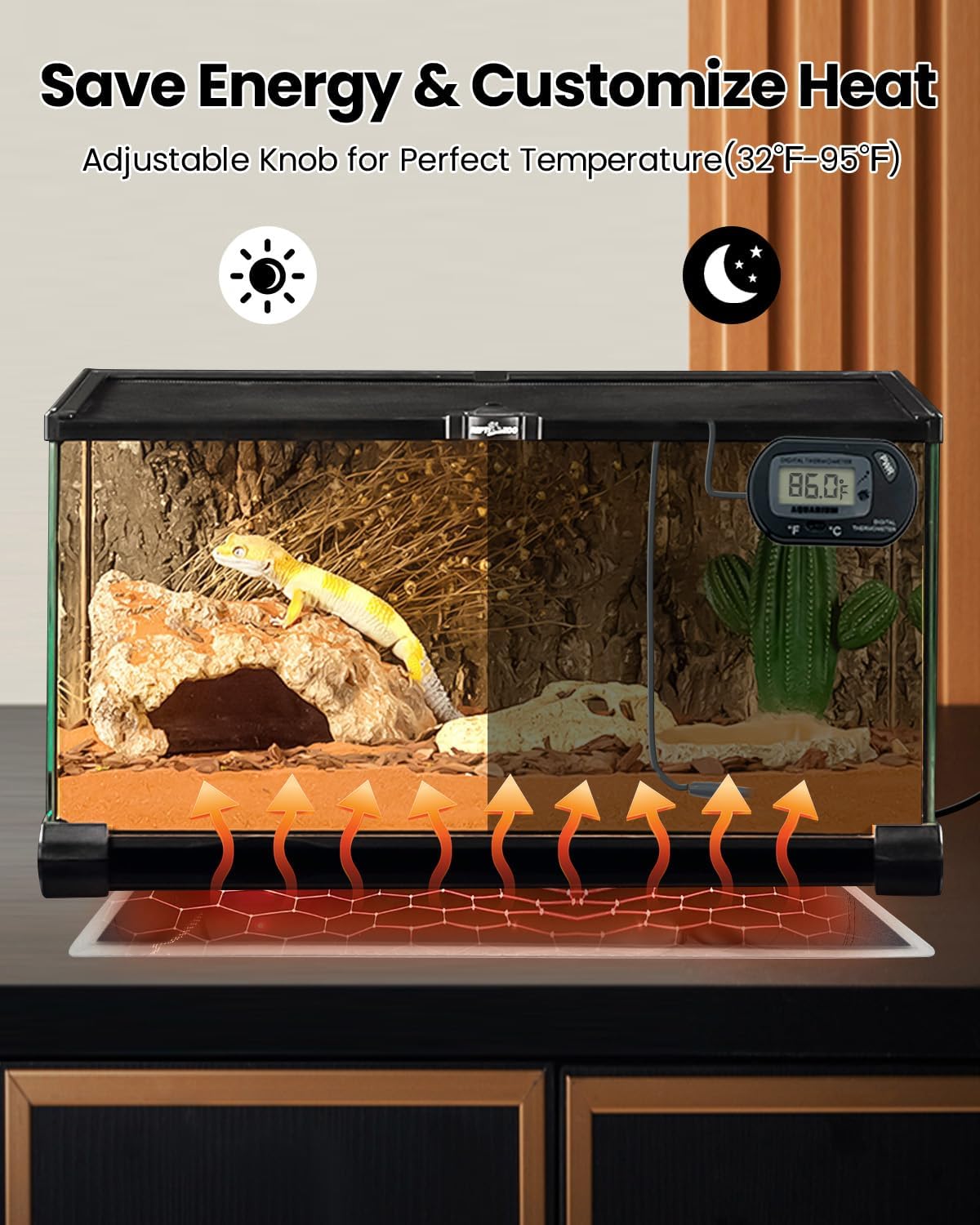 MQ Reptile Terrarium Heat Pad with LCD Digital Aquarium Thermometer, 11 x 16.5in Power Adjustment Under Tank Heater Mat for Pets, Small Animals, Seedling, 20W