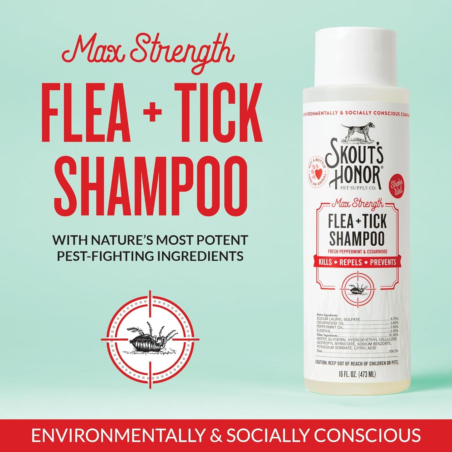 Skout's Honor Flea and Tick Shampoo for Dogs - Natural Peppermint & Cedarwood Formula, Helps to Protect from and Against Fleas, Ticks, and Mosquitos, 16 oz