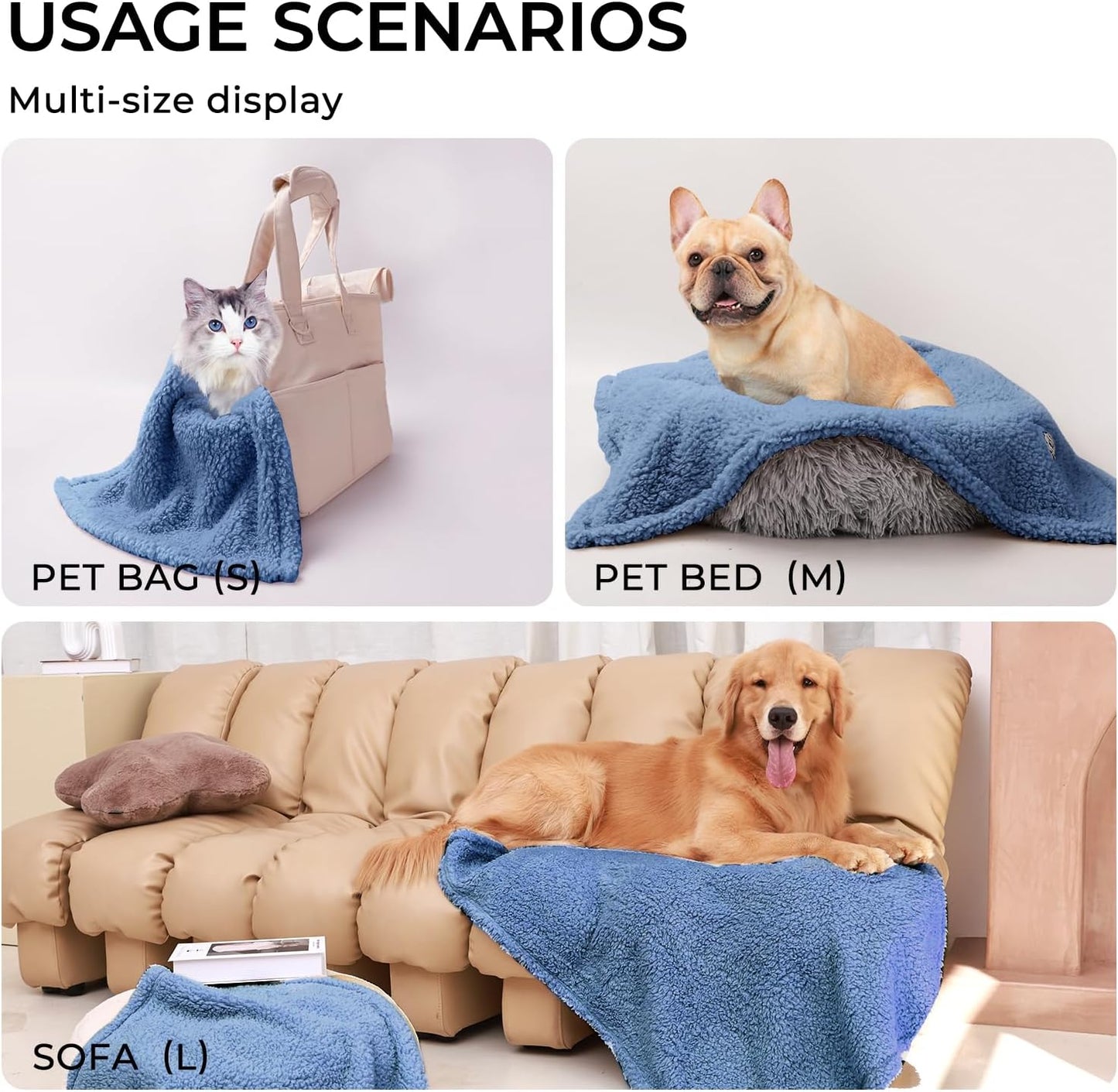 Luciphia 1 Pack 3 Calming Dog Blanket Fluffy Premium Fleece Pet Blankets Soft Sherpa Throw for Dogs Puppy Cat Grey/Beige/HazeBlue Medium (30" x20")