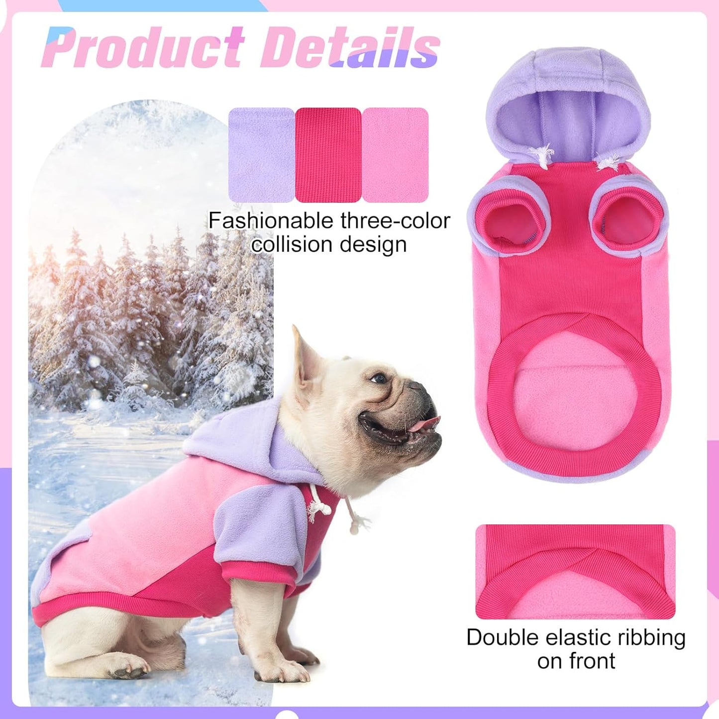 BEAUTYZOO Fleece Dog Hoodie Sweatershirt with Pocket and Leash Hole, Stretchy Small Medium Large Sized Dogs Clothes for Fall Winter Cold Days, Color Designer Warm Dog Jackets,French Bulldog Coats