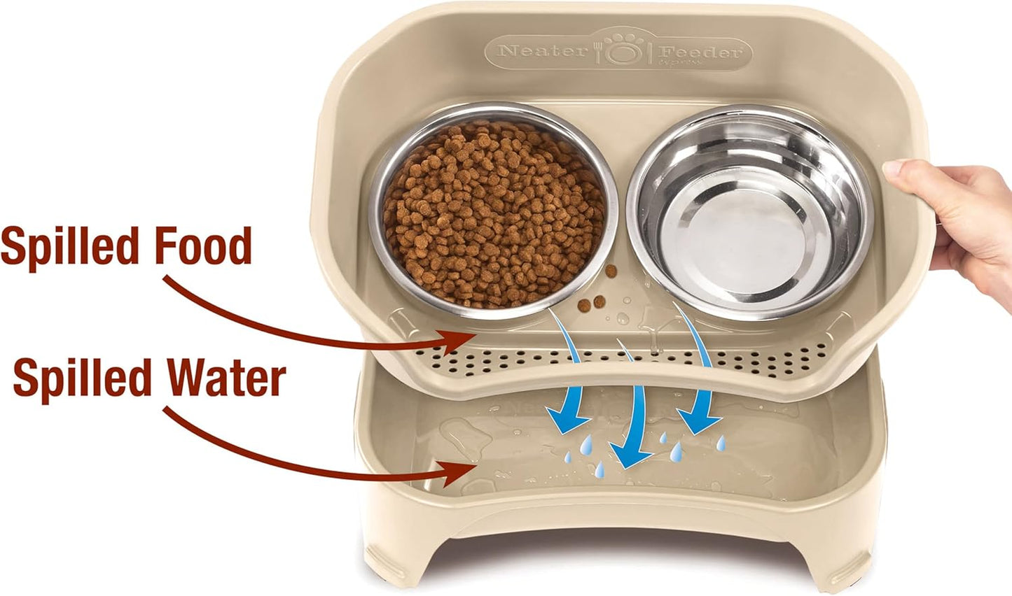 Neater Feeder - Express Model w/ Slow Feed Bowl - Mess-Proof Dog Bowls (M/L, Almond) Made in USA – Elevated, No Spill, Non-Tip, Non-Slip, Raised Stainless Steel Food/Water Pet Bowls Aid Digestion