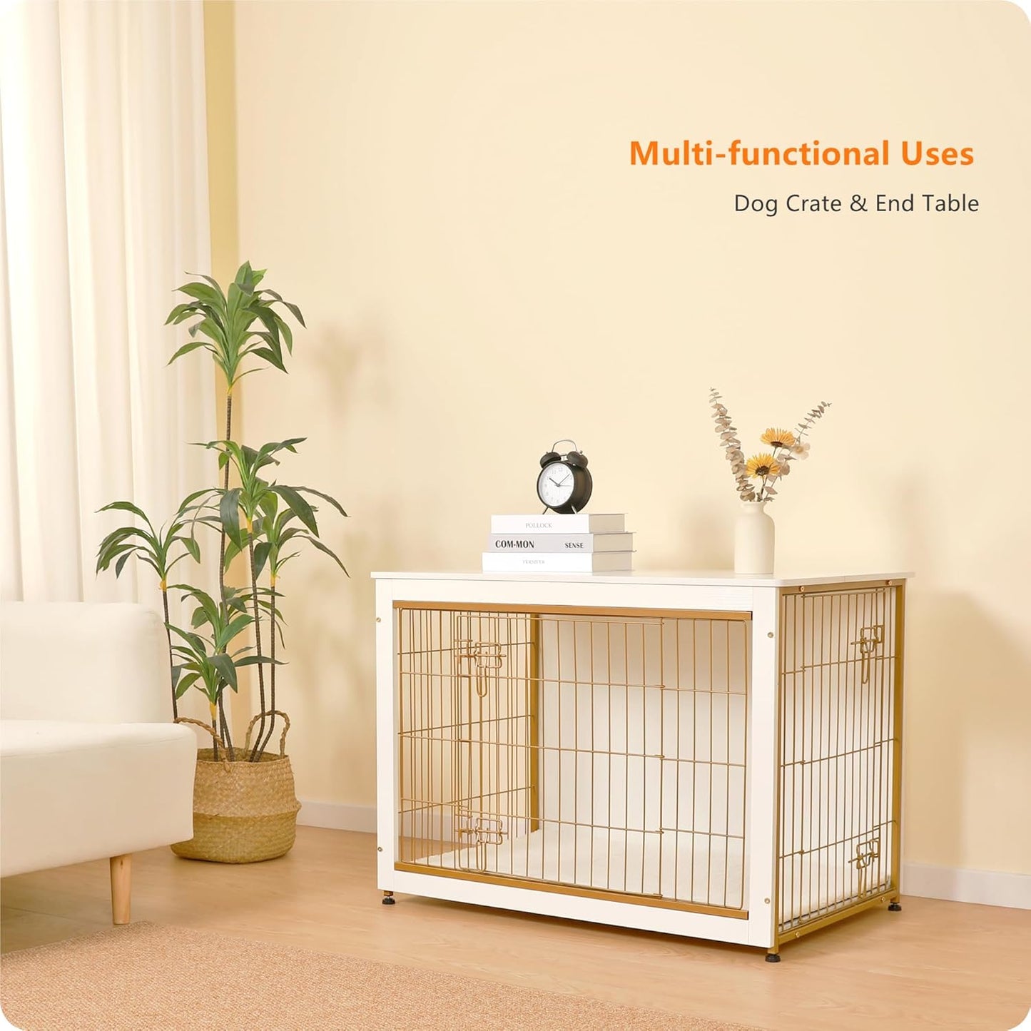 DWANTON Dog Crate Furniture with Cushion, Wooden Kennel Table with Double Doors, Indoor Dog House, Large Size, 38.5" L, White